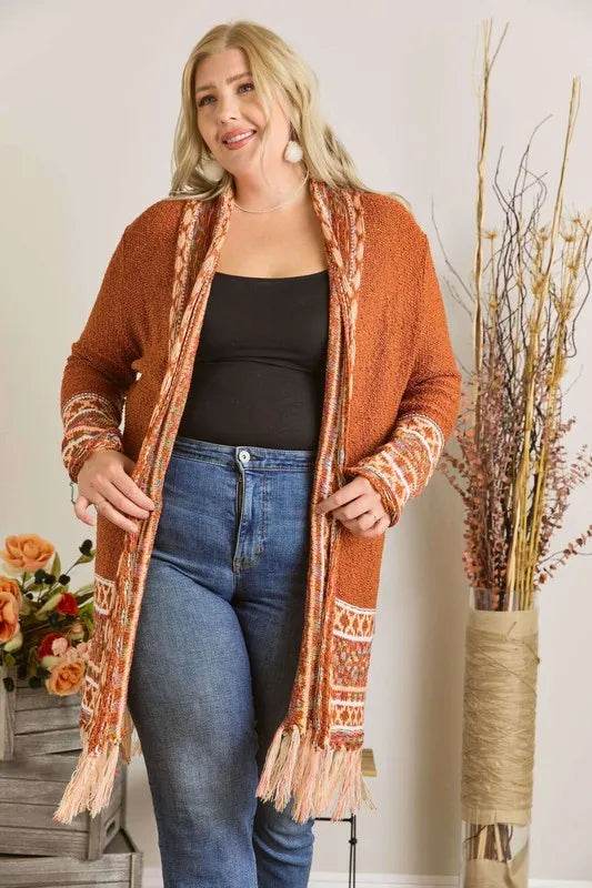 ADORA Full Size Fringe Hem Aztec Border Cardigan Plus Size