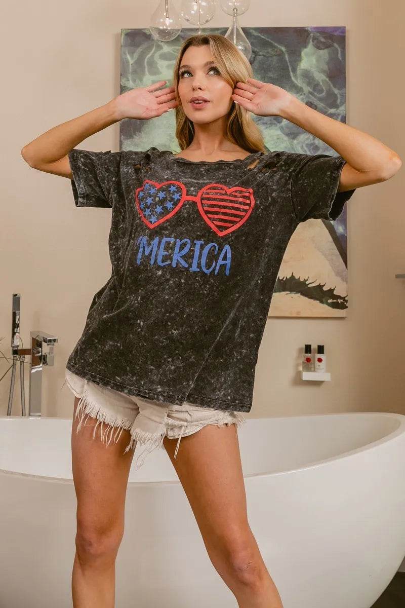 BiBi 4th Of July Theme Mineral Washed Laser Cut Top