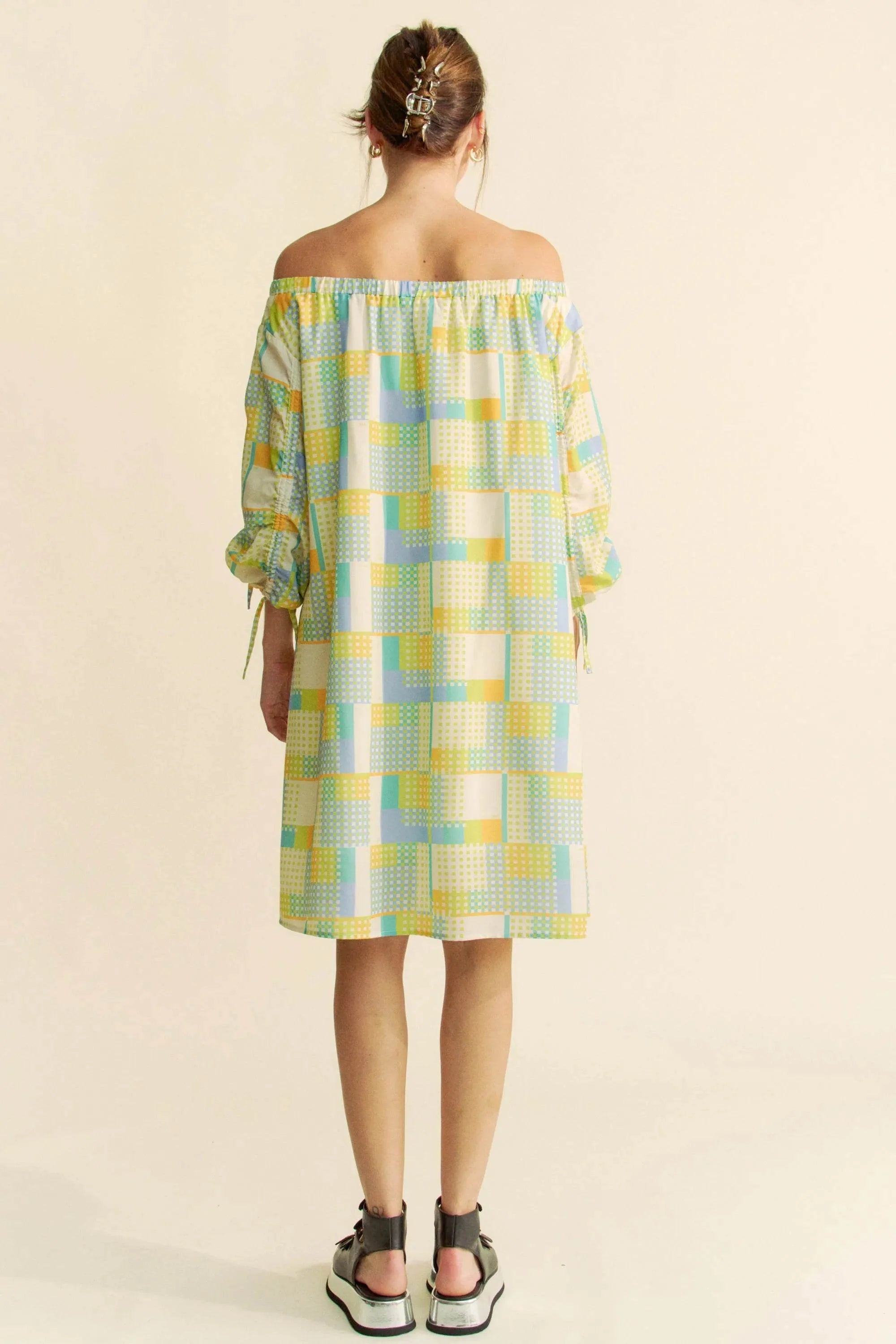 Davi & Dani Printed Off Shoulder Drawstring Sleeve Mini Dress