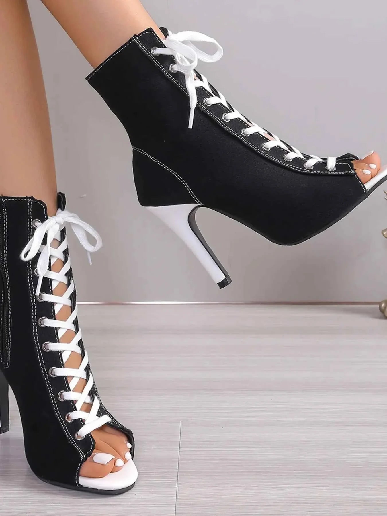 Canvas Lace-Up Peep Toe : Stiletto Ankle Boots