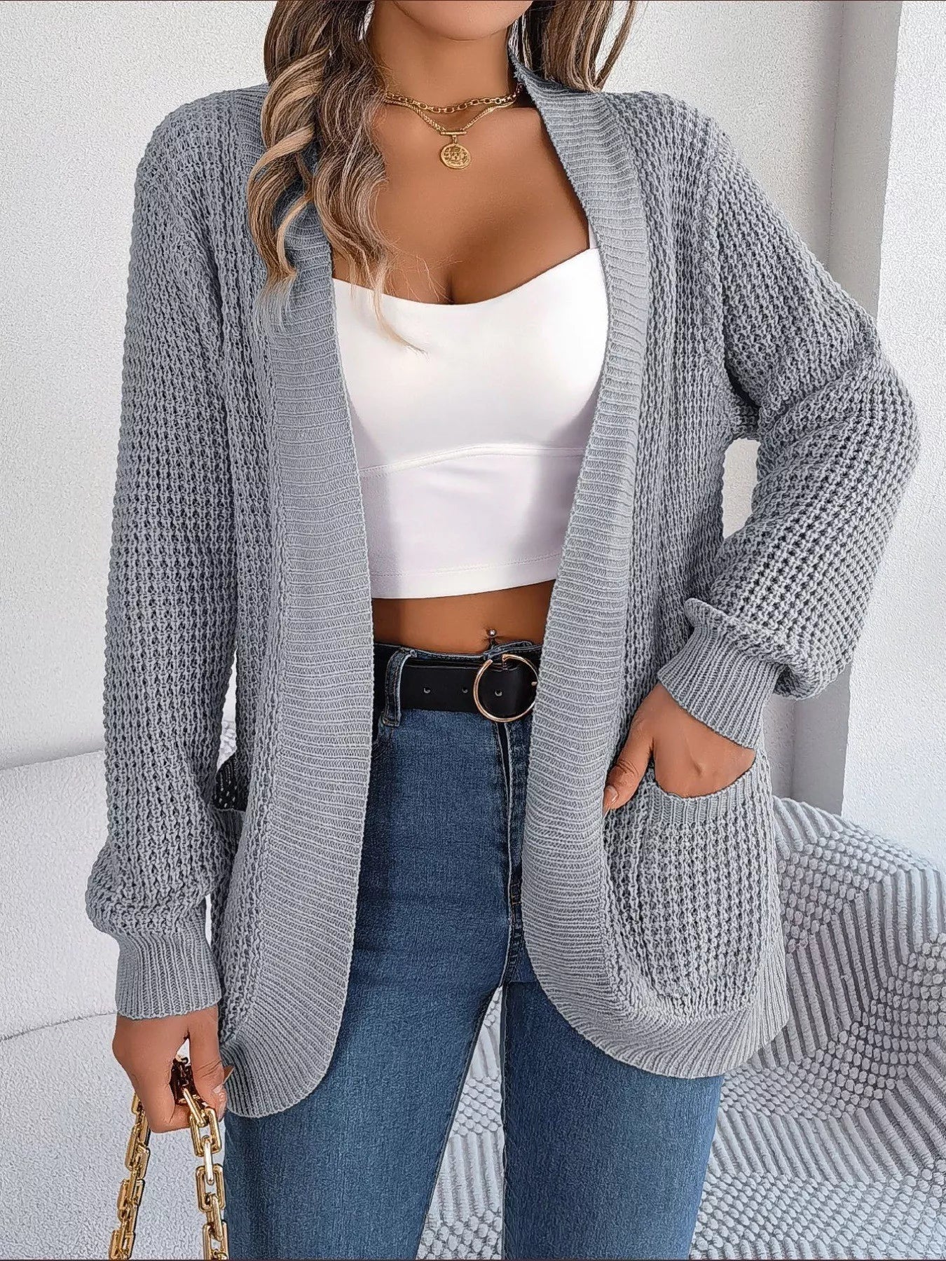 Chunky Knit Open Front Cardigan with Pockets