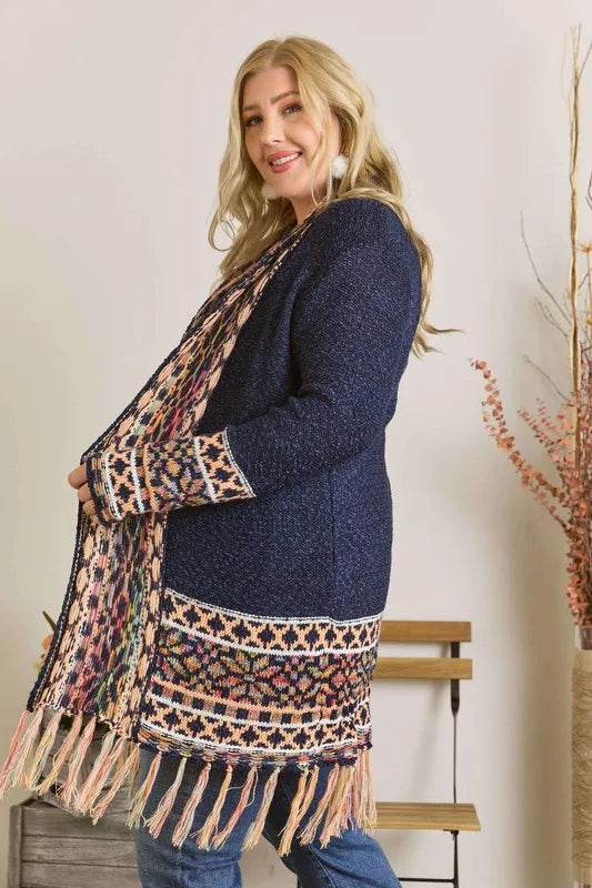 ADORA Full Size Fringe Hem Aztec Border Cardigan Plus Size