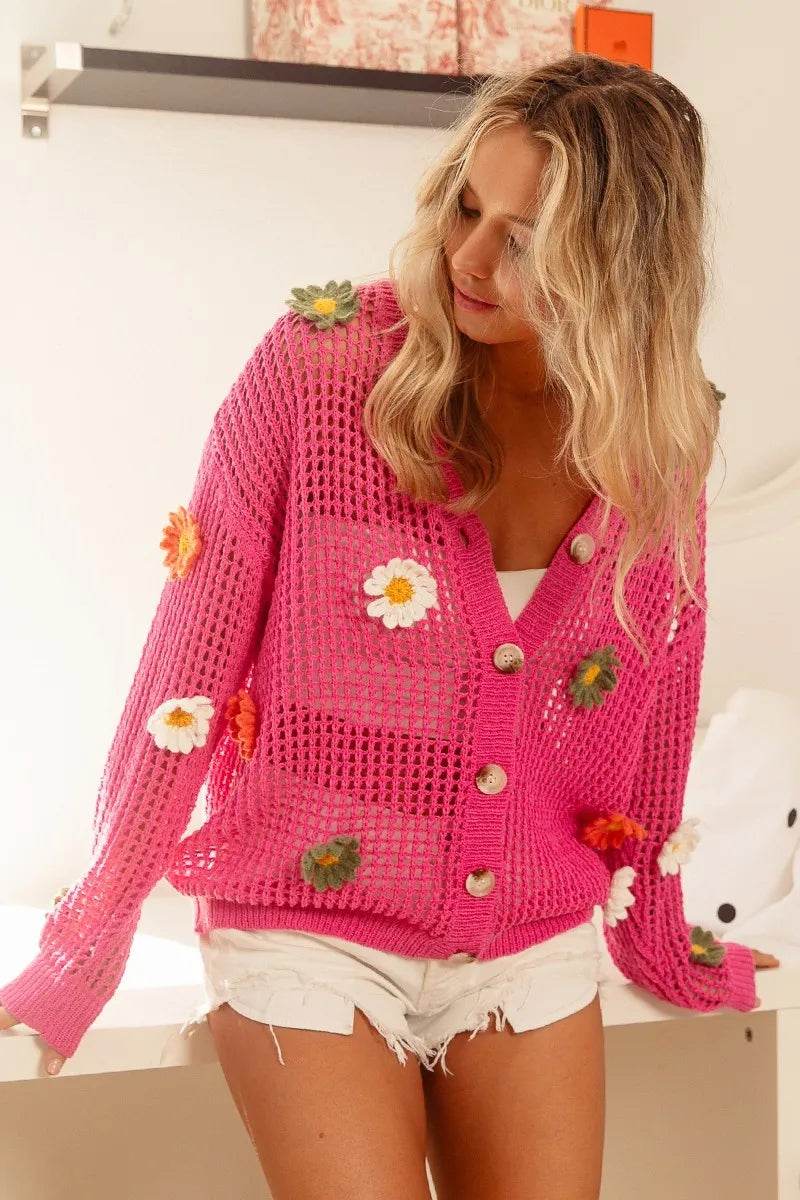 BiBi Flower Patches Open Knit Sweater Cardigan