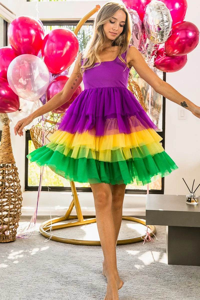 BiBi Mardi Gras Color Block Layered Mesh Tiered Dress