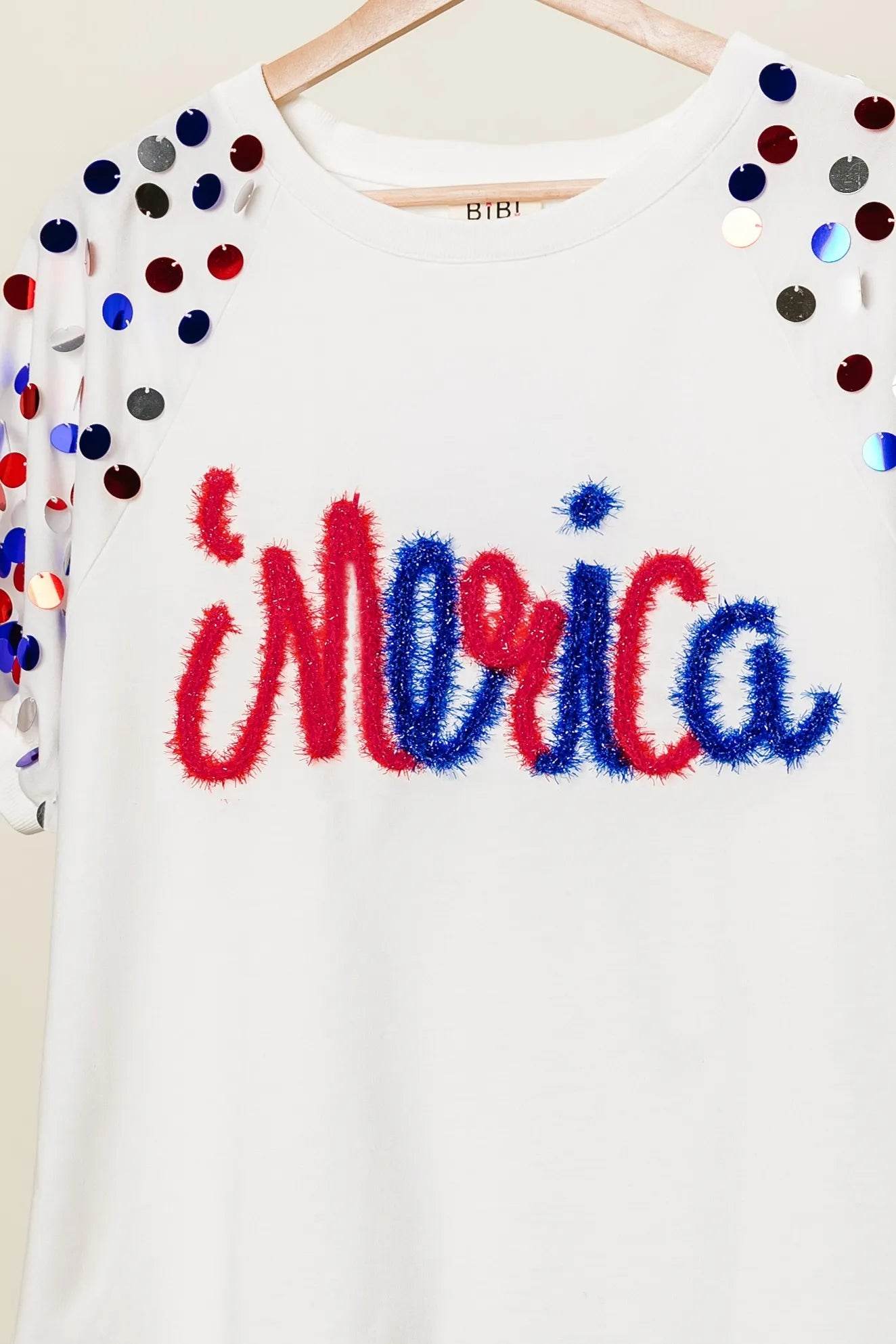 BiBi Metallic Letter Spangle Raglan Puff Sleeve Top