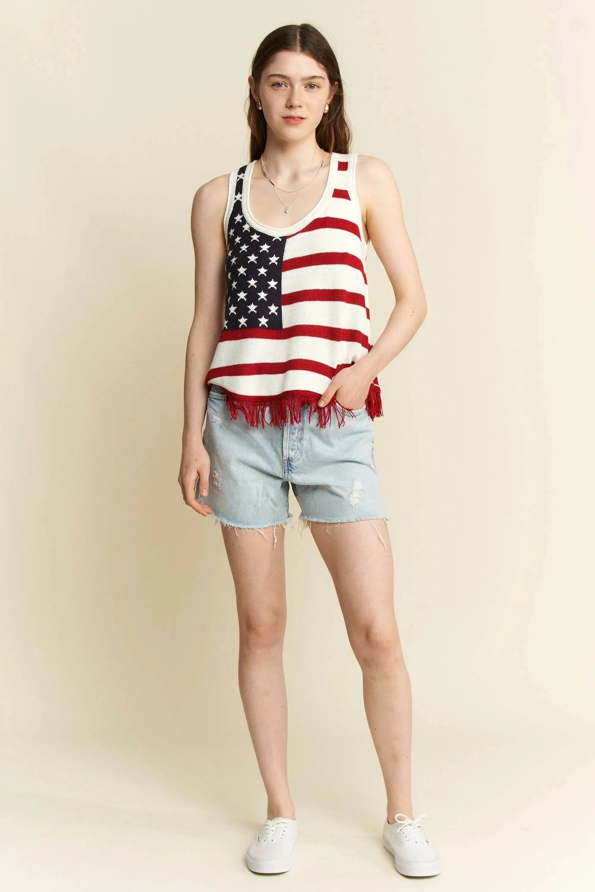 Jade By Jane Full Size American Flag Fringe Tank Top Plus Size