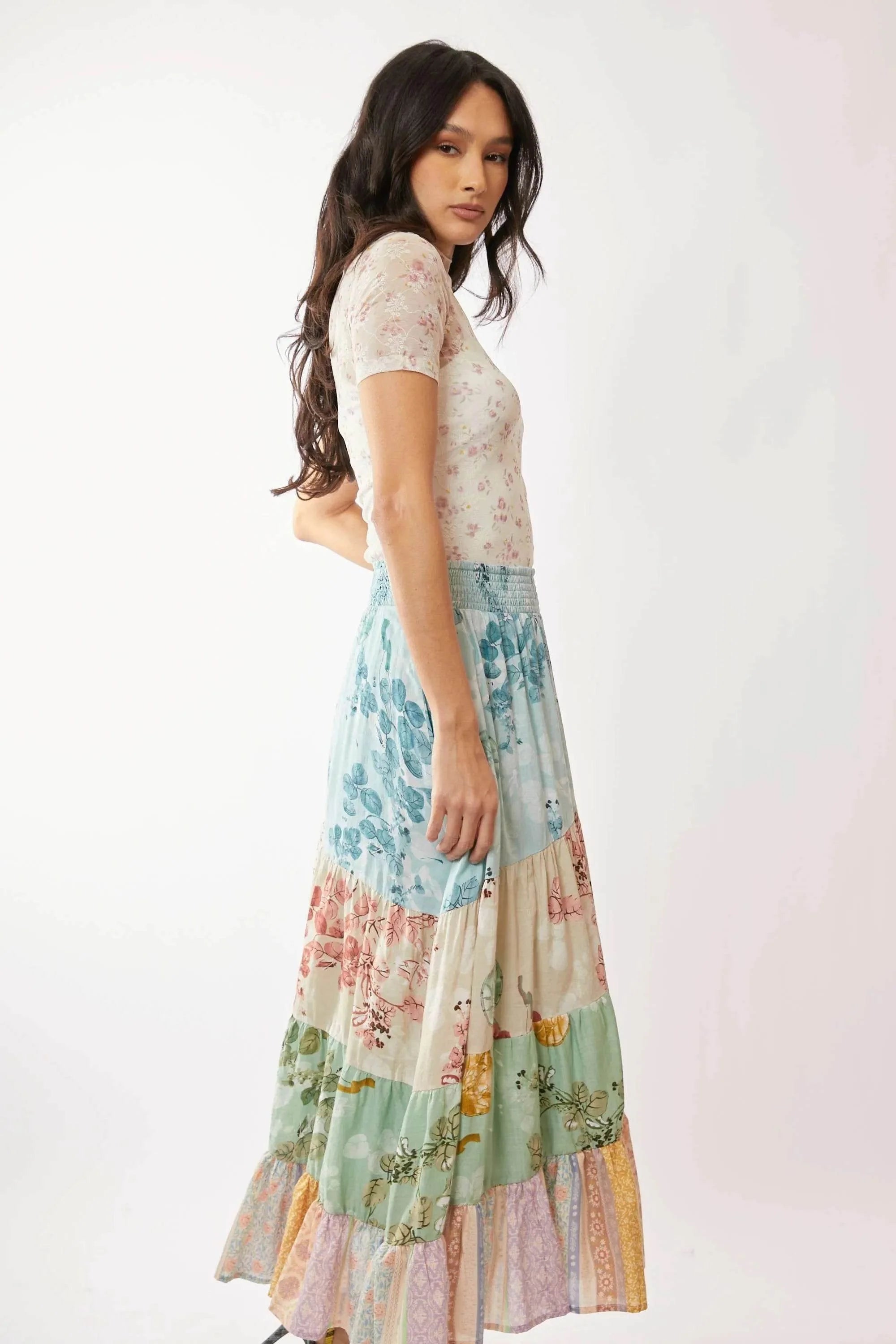 Davi & Dani Floral Mesh Mock Neck Short Sleeve Top