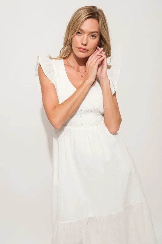 And The Why Ruffle Sleeve Front Smocked Tiered Midi Dress