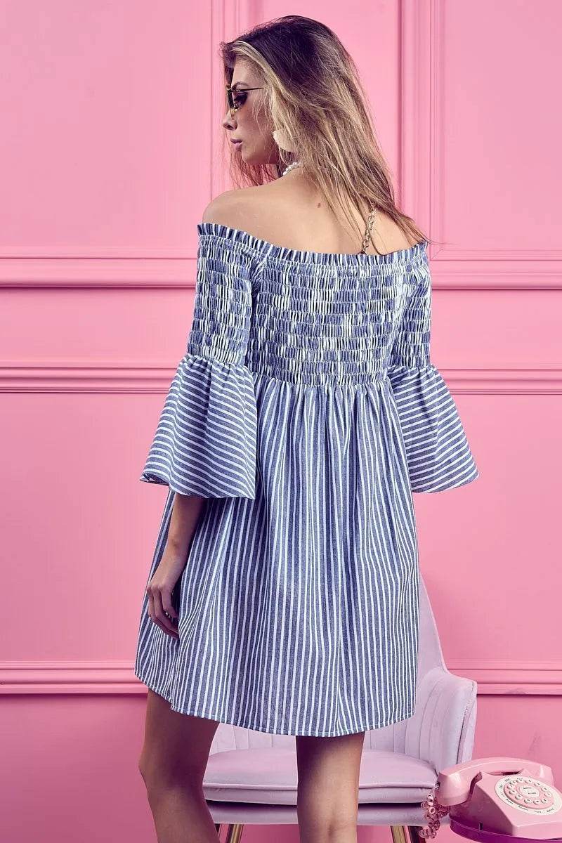 BiBi Smocked Off Shoulder Striped Dress