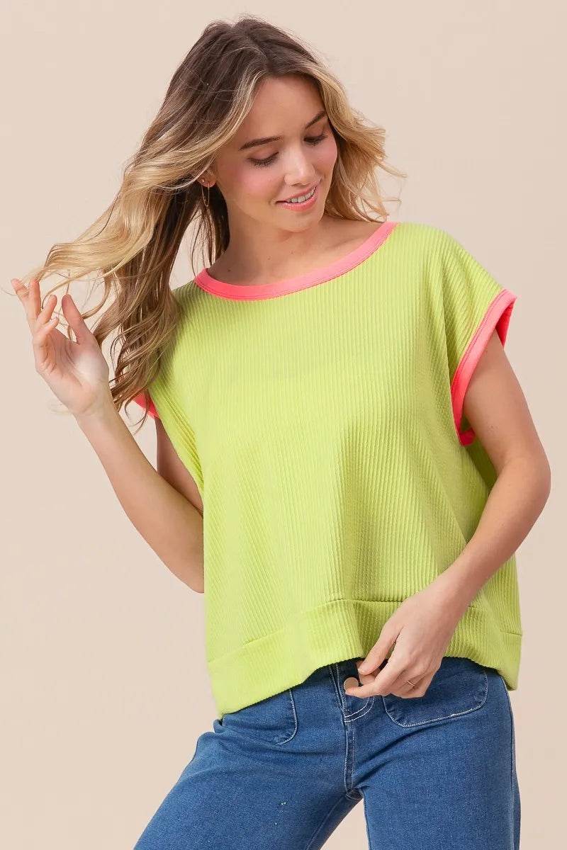 BiBi Cord Rib Knit Contrast Banded Top