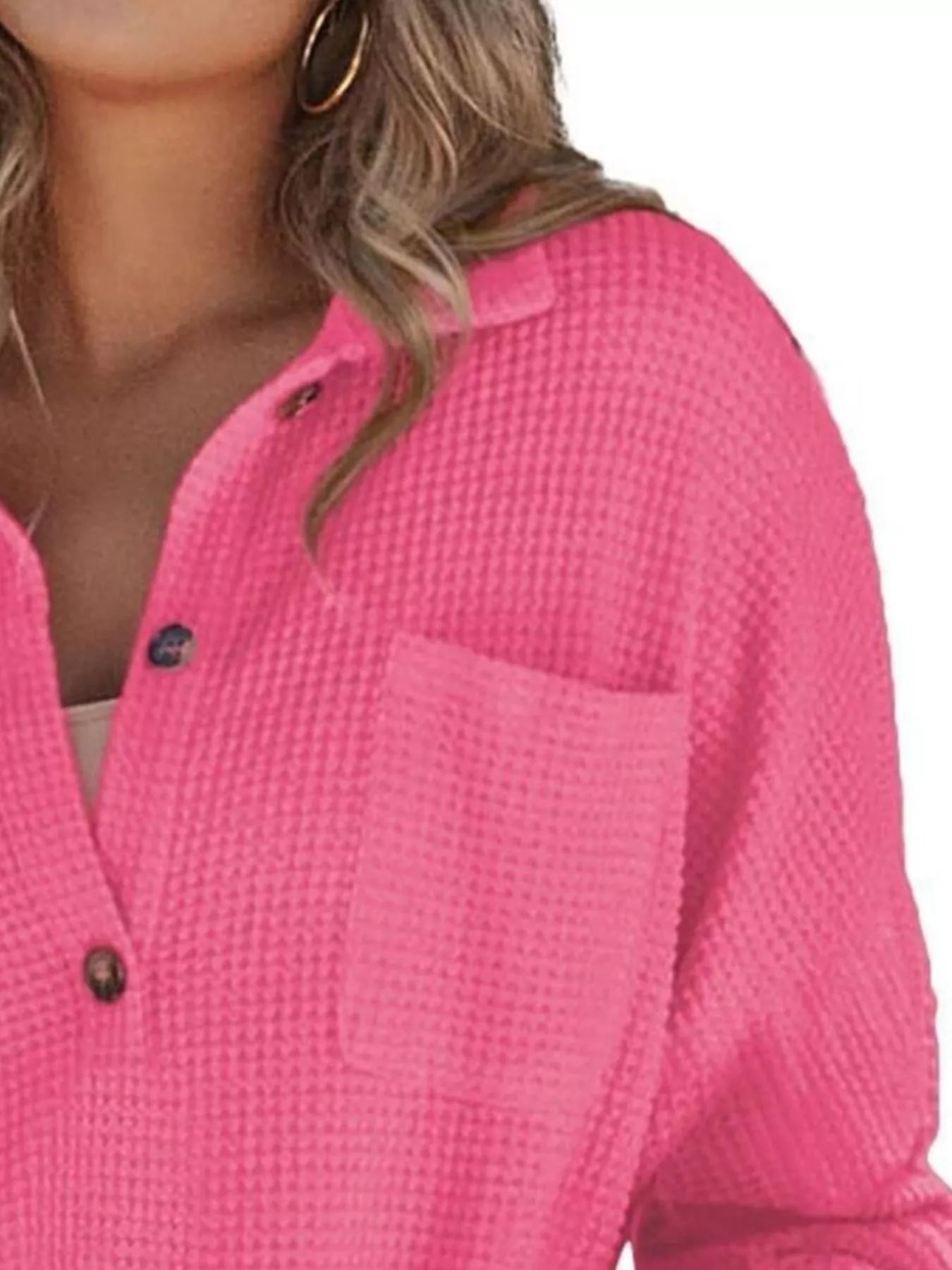 Casual Waffle Knit Button Detail Blouse