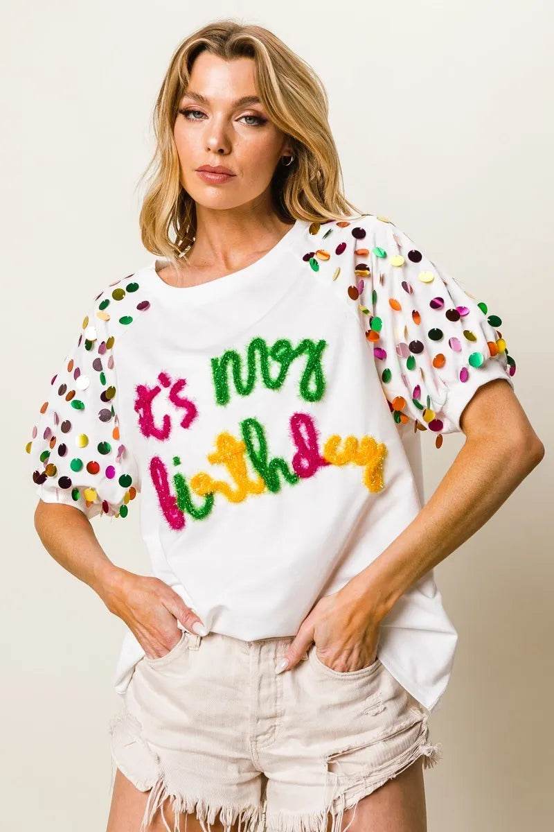 BiBi Metallic Letter Spangle Raglan Puff Sleeve Top