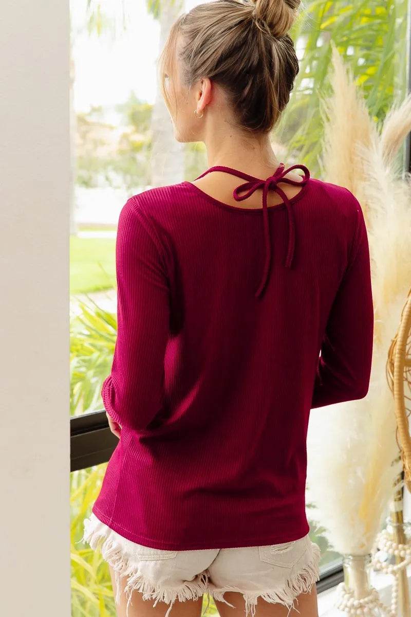 BiBi Rib Knit With Cut Out and Tied Neck Detailed Top