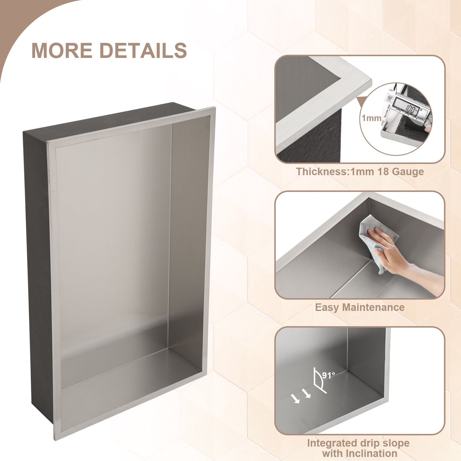 Brushed Stainless Steel Wall Shower  Niche , Double Recessed Shower Shelf for Bathroom