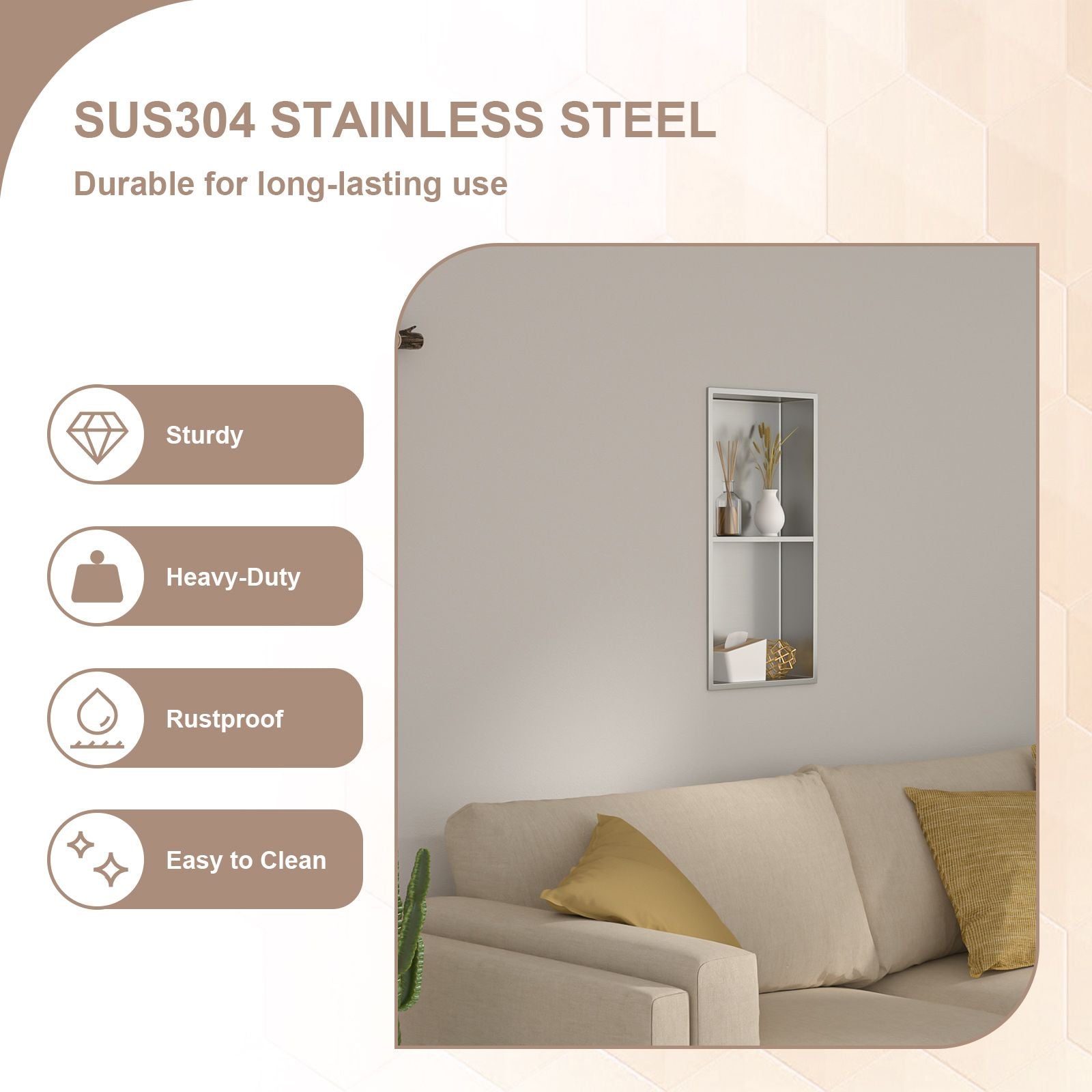 Brushed Stainless Steel Wall Shower  Niche , Double Recessed Shower Shelf for Bathroom