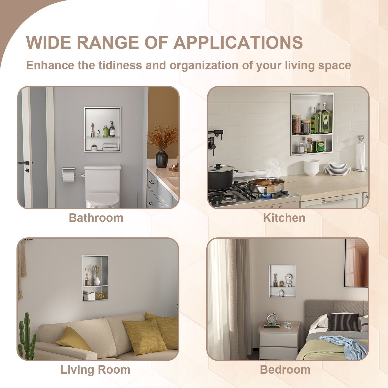 Brushed Stainless Steel Wall Shower  Niche , Double Recessed Shower Shelf for Bathroom