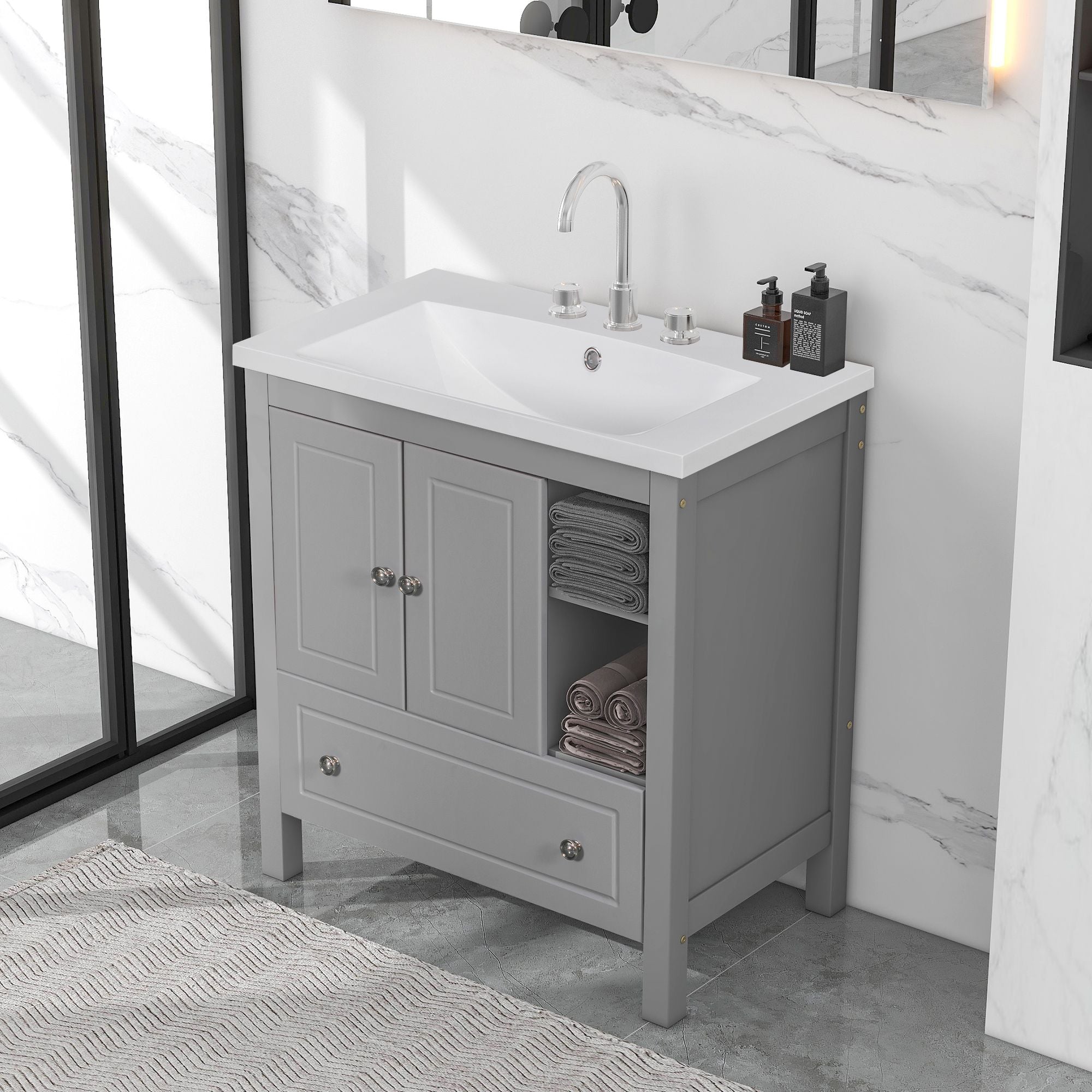 30" Bathroom Vanity with Sink, Bathroom Storage Cabinet with Doors and Drawers, Solid Wood Frame, Ceramic Sink