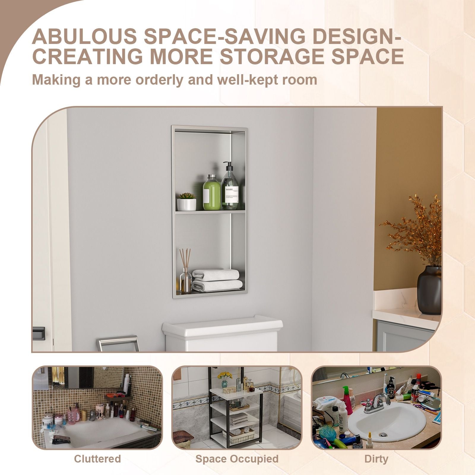 Brushed Stainless Steel Wall Shower  Niche , Double Recessed Shower Shelf for Bathroom