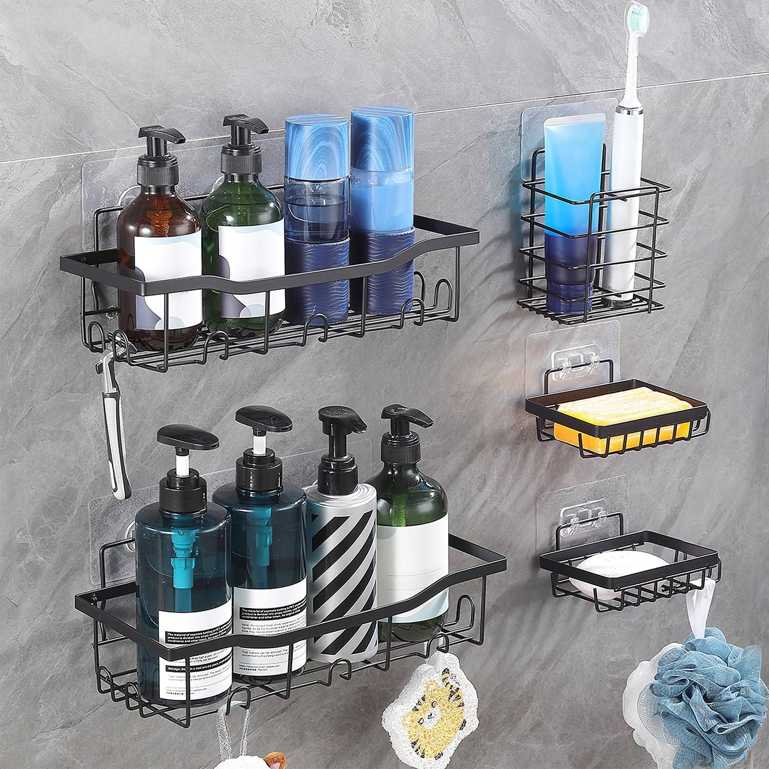 5 Pack Shower Caddy Shelves with 18 Inbuilt Hooks Rustproof Wall-Mounted Storage Shelves for Bathroom Dorm Kitchen Adhesive Bathroom Organizer for Shampoo Toothbrush Soap