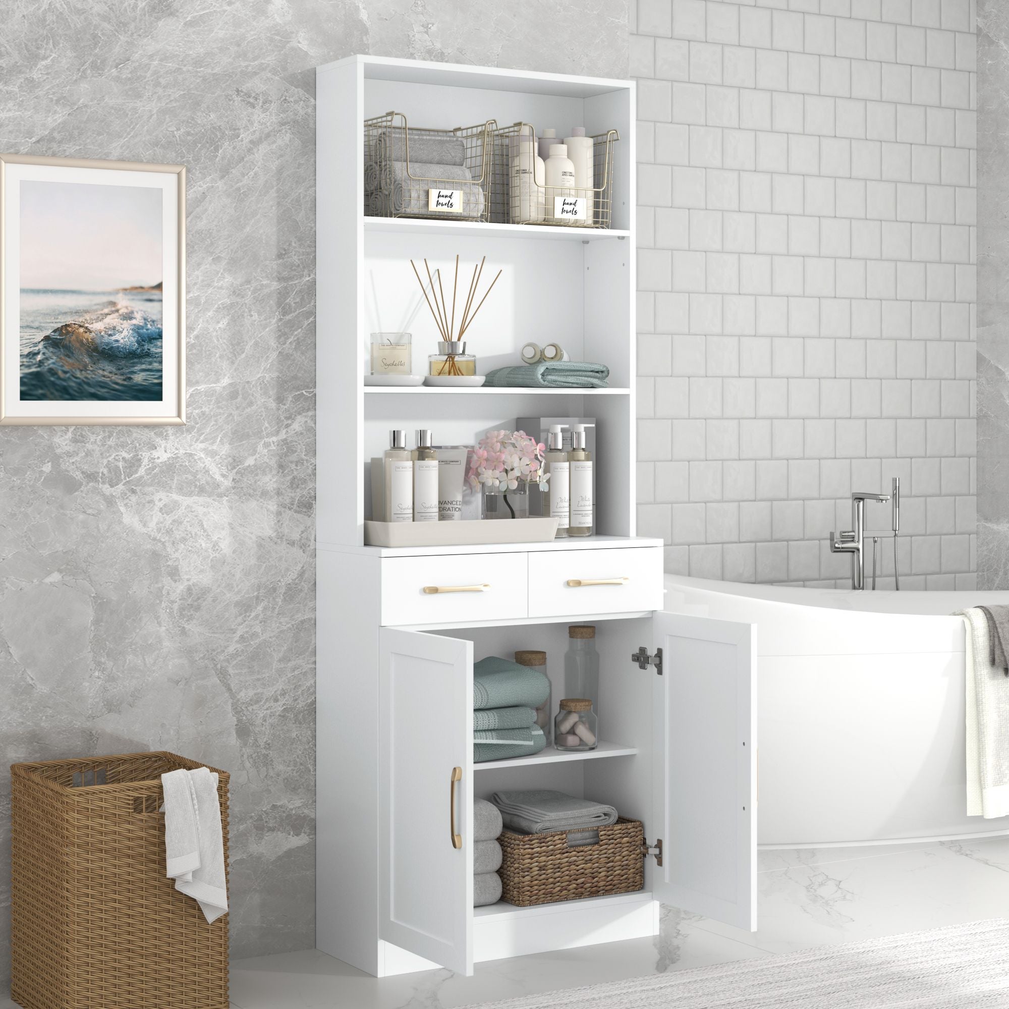 Bathroom Storage Cabinet, Cabinet with Two Doors and Drawers, Adjustable Shelf, Three-layer Open Shelf, MDF Board