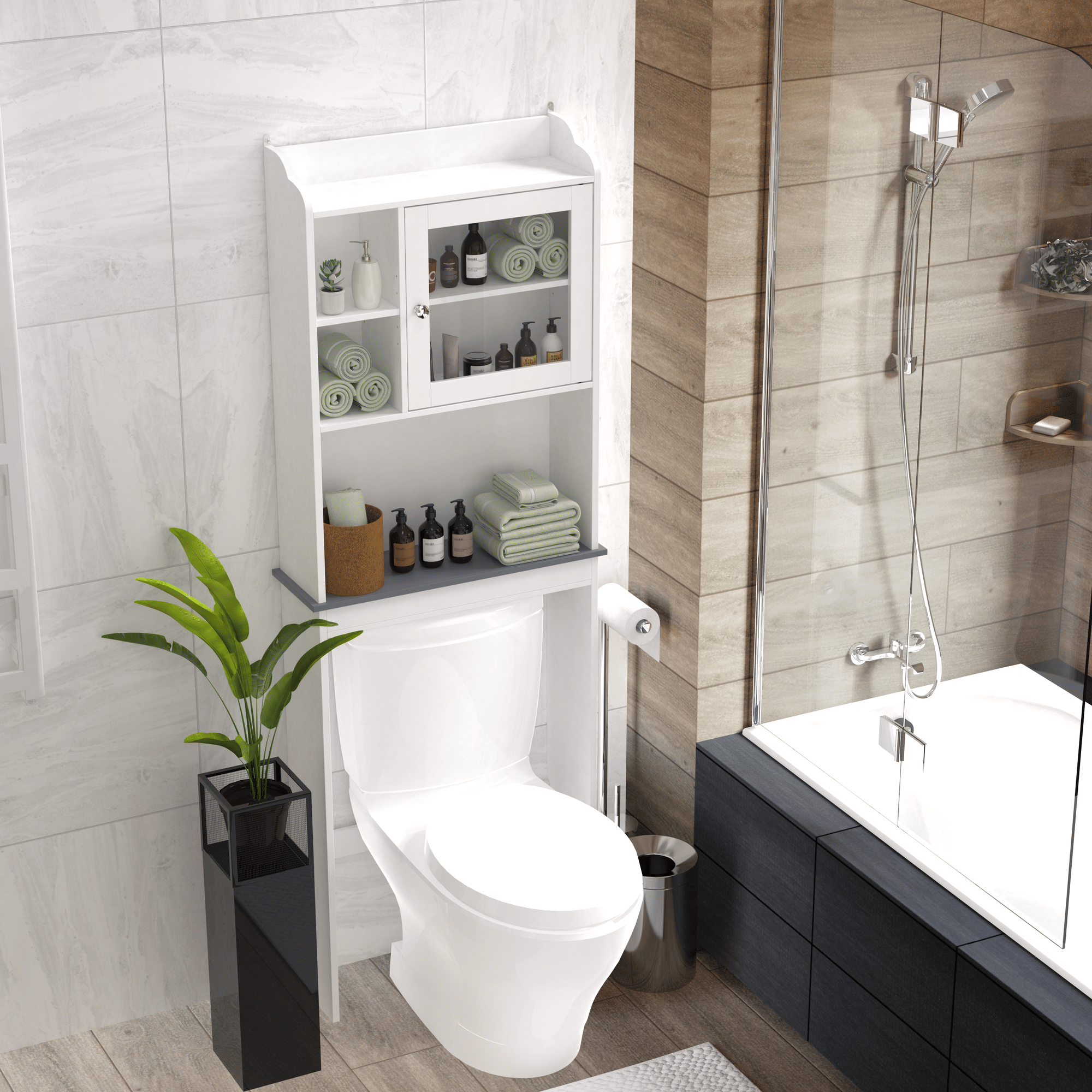 Modern Over The Toilet Space Saver Organization Wood Storage Cabinet for Home, Bathroom