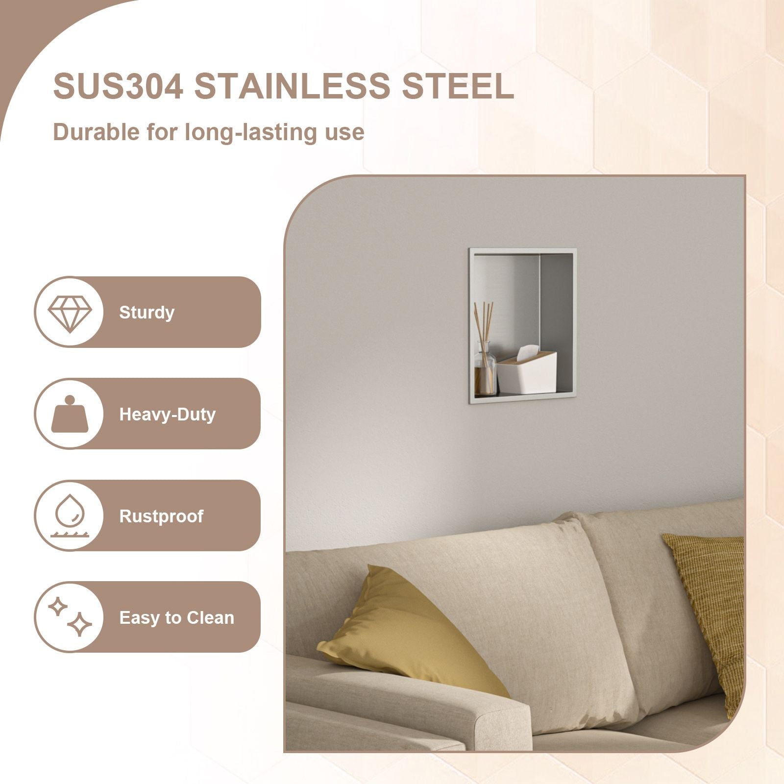 Brushed Stainless Steel Wall Shower  Niche , Double Recessed Shower Shelf for Bathroom