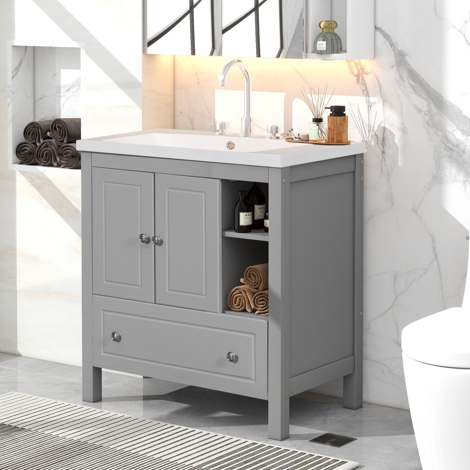 30" Bathroom Vanity with Sink, Bathroom Storage Cabinet with Doors and Drawers, Solid Wood Frame, Ceramic Sink