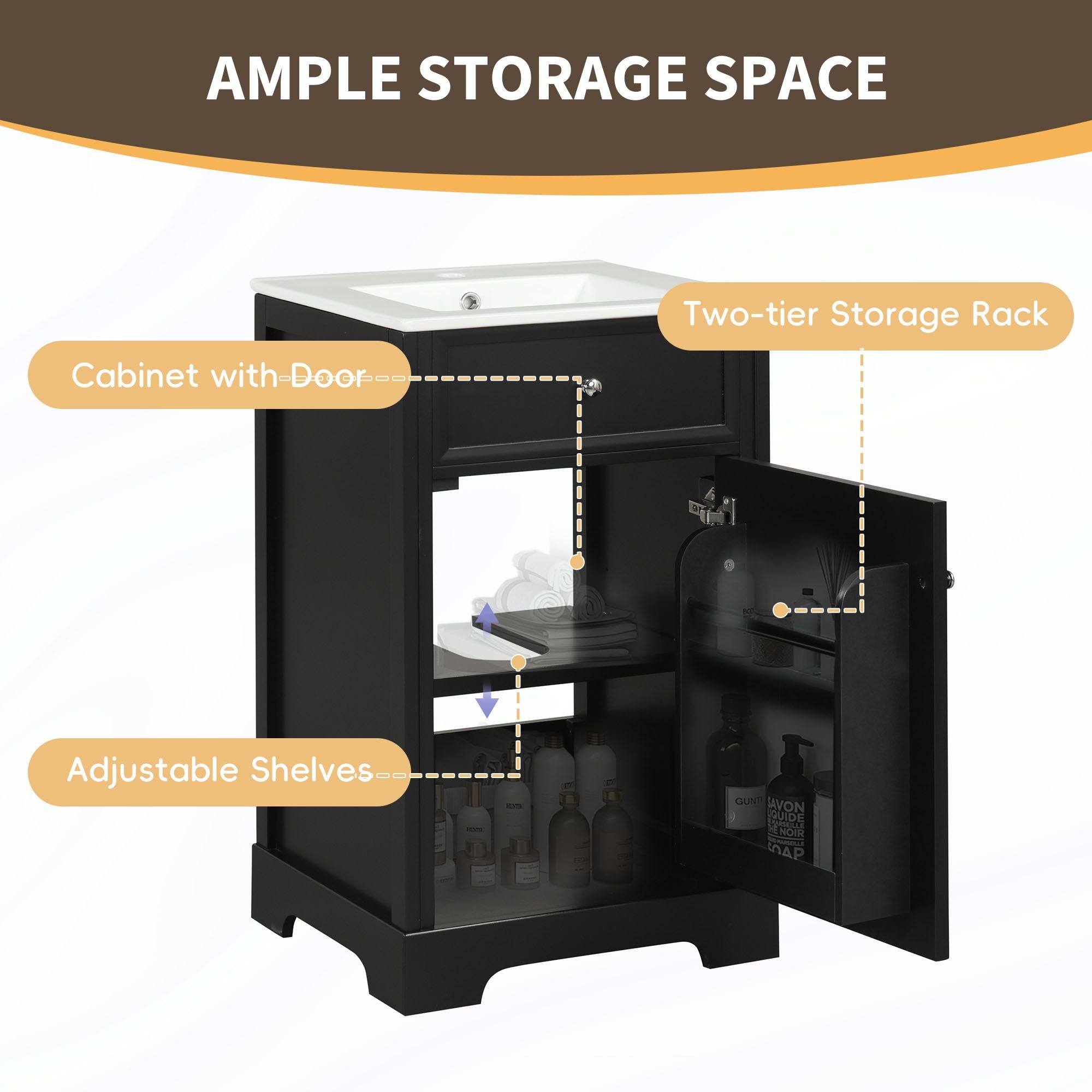 20\" Bathroom Vanity with Sink, Bathroom Cabinet with Soft Closing Door, Storage Rack and Adjustable Shelves