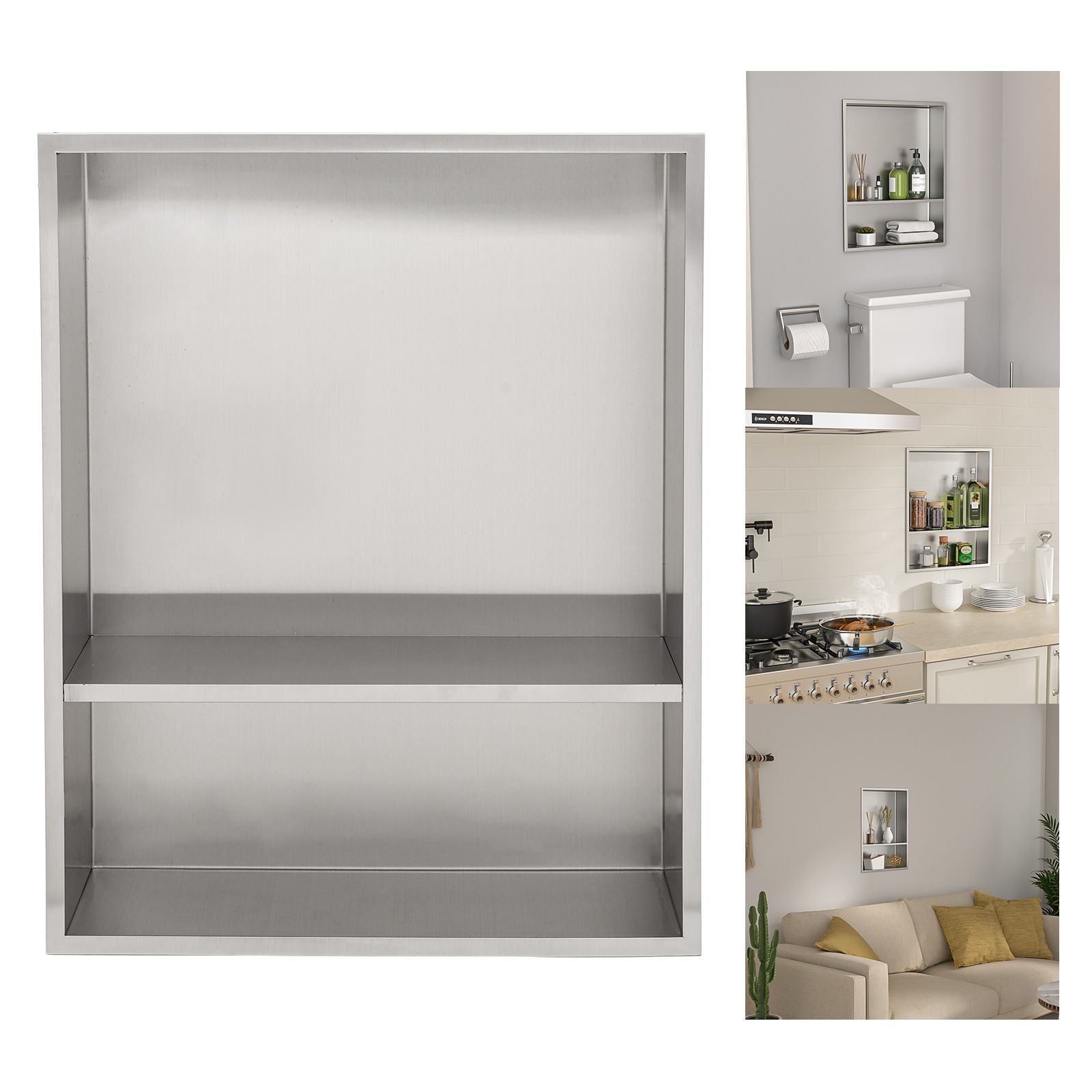 Brushed Stainless Steel Wall Shower  Niche , Double Recessed Shower Shelf for Bathroom