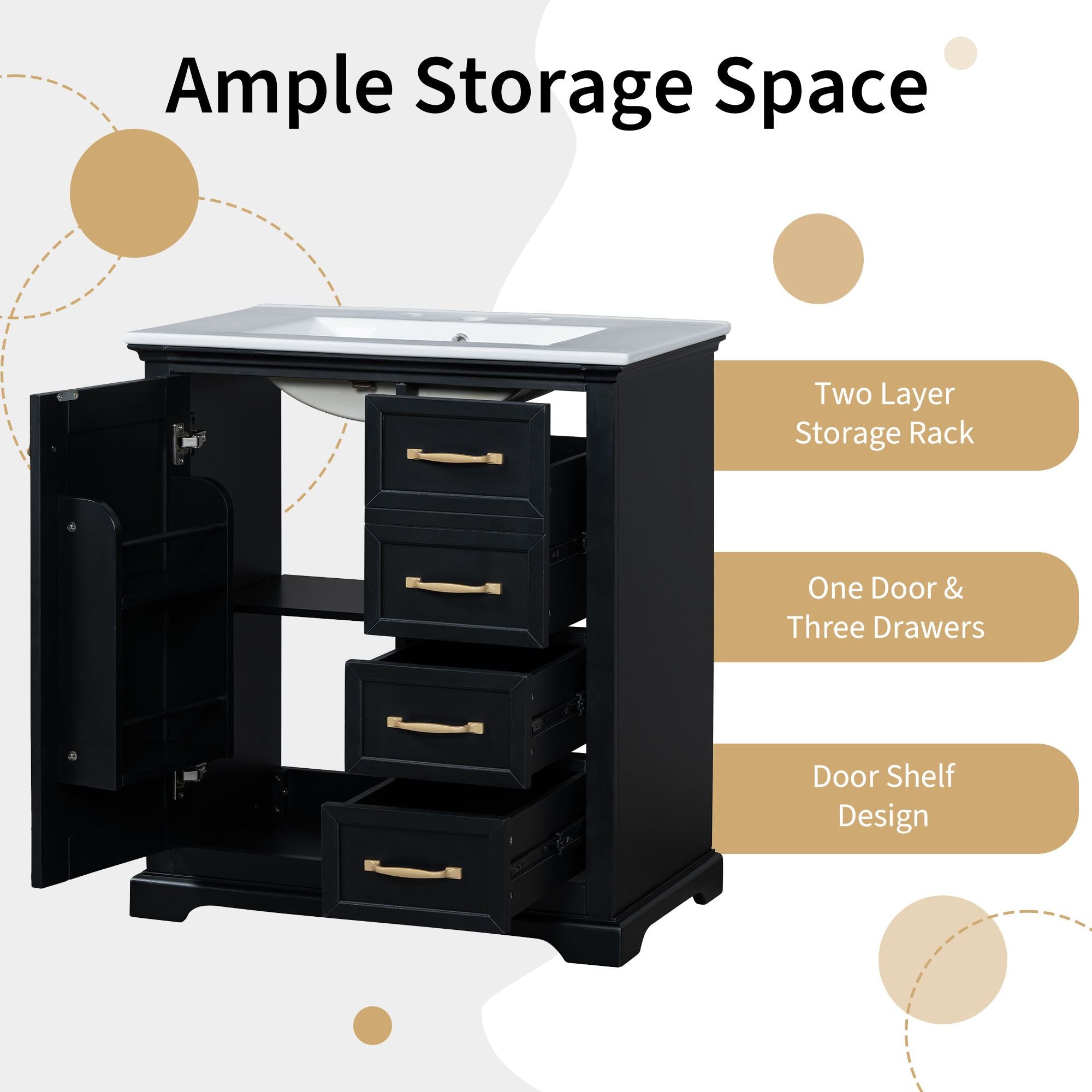 30" Bathroom Vanity with Sink, One Package, Bathroom Cabinet with Drawers, Solid Frame and MDF Board