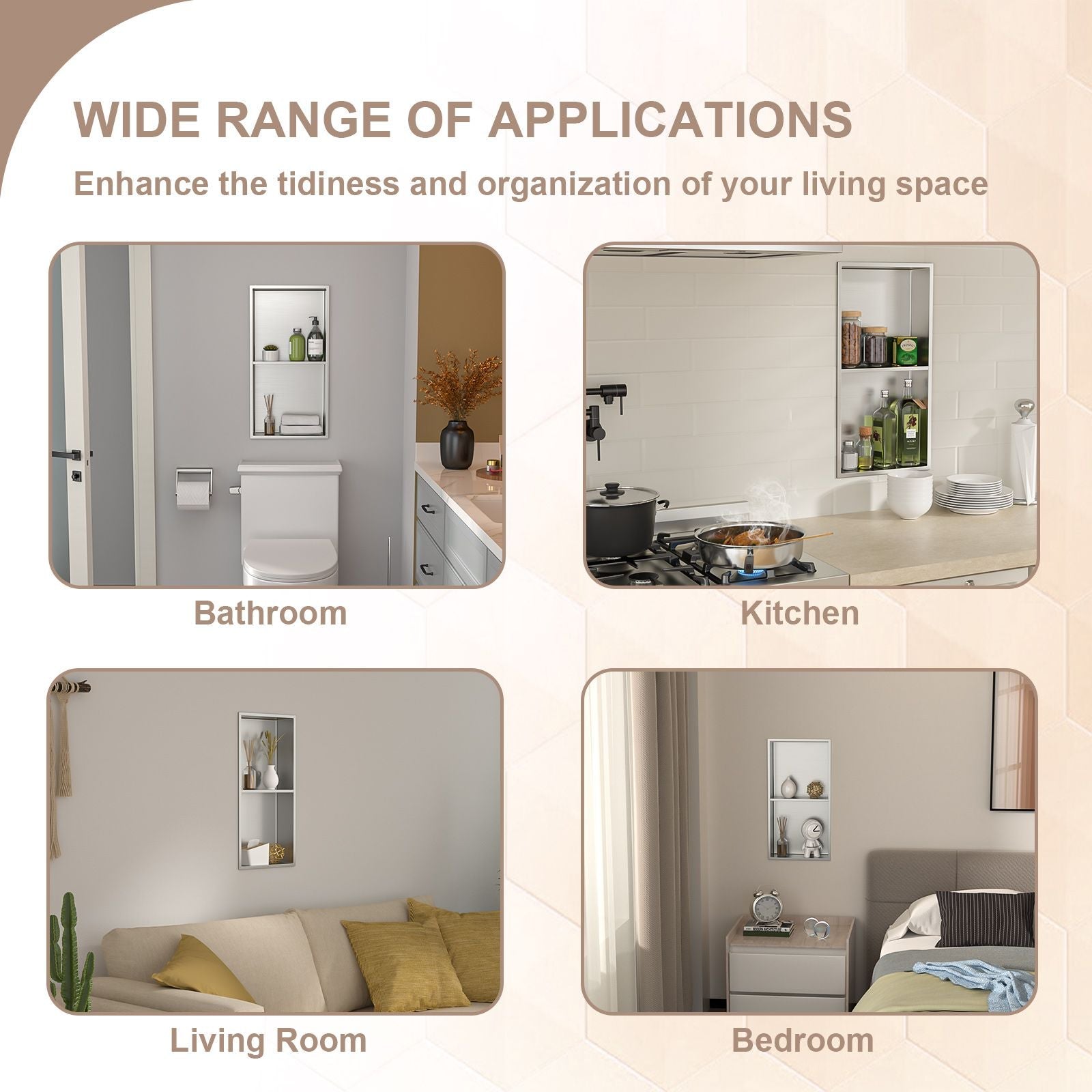 Brushed Stainless Steel Wall Shower  Niche , Double Recessed Shower Shelf for Bathroom