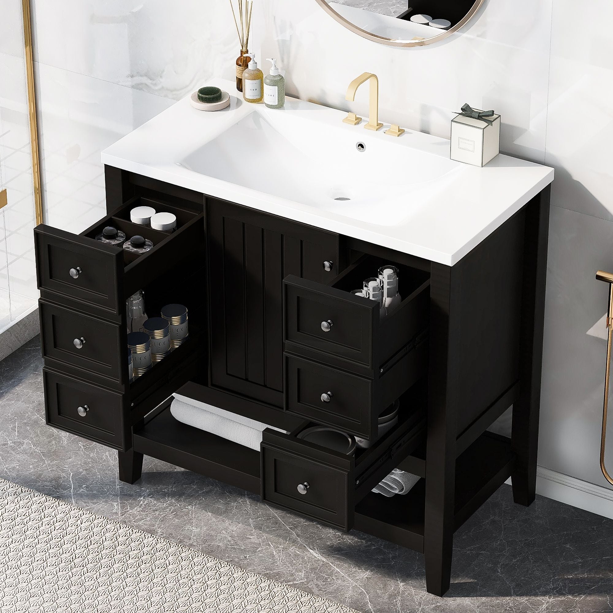 36\" Bathroom Vanity with Sink Combo, One Cabinet and Three Drawers, Solid Wood and MDF Board