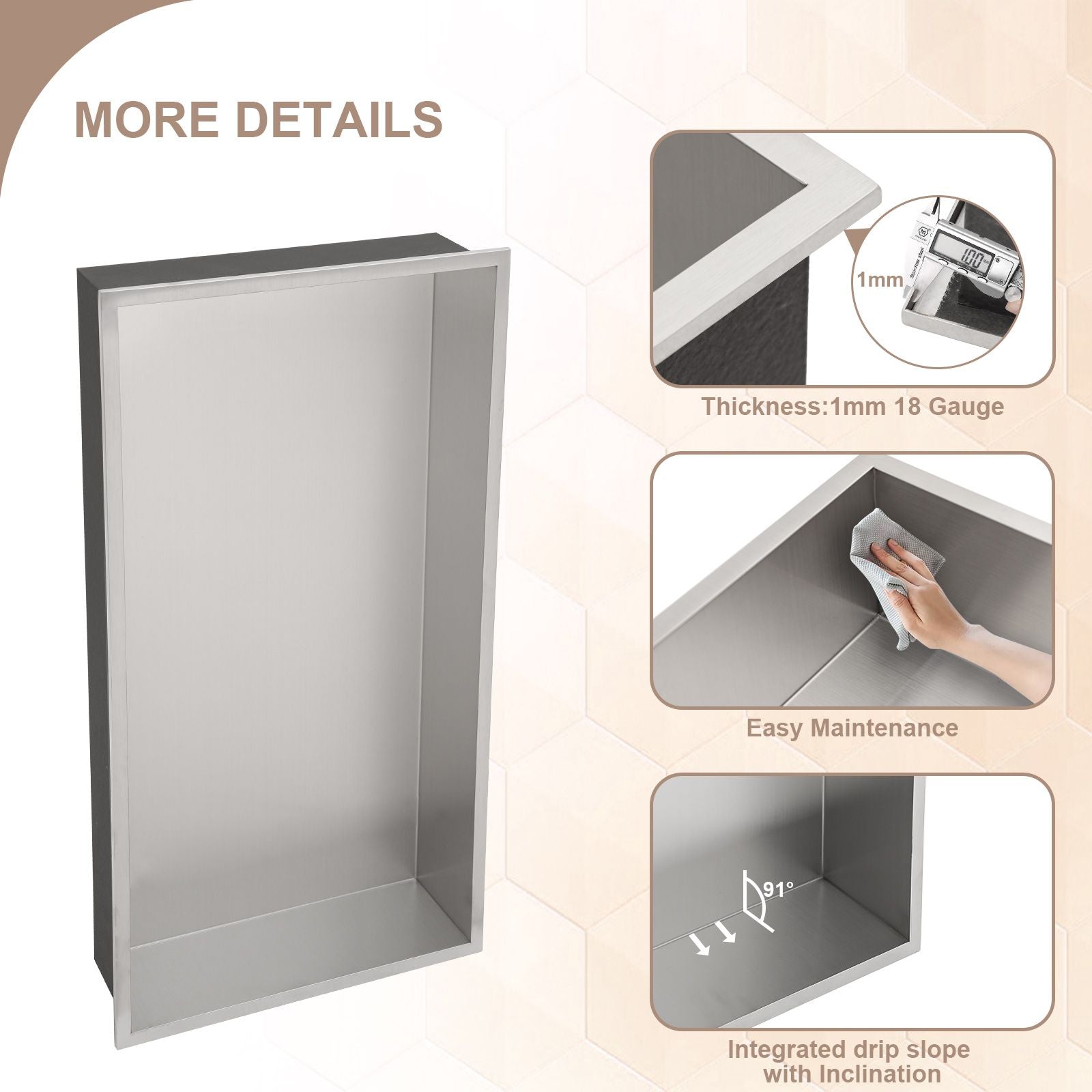 Brushed Stainless Steel Wall Shower  Niche , Double Recessed Shower Shelf for Bathroom