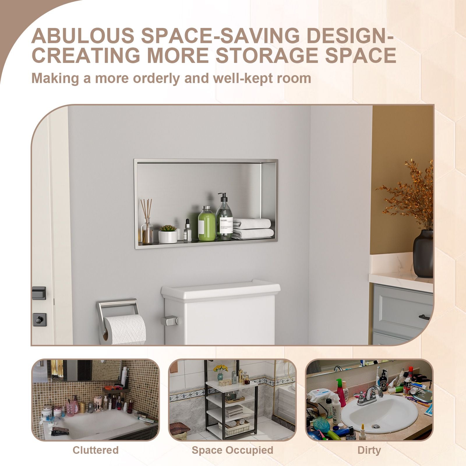 Brushed Stainless Steel Wall Shower  Niche , Double Recessed Shower Shelf for Bathroom