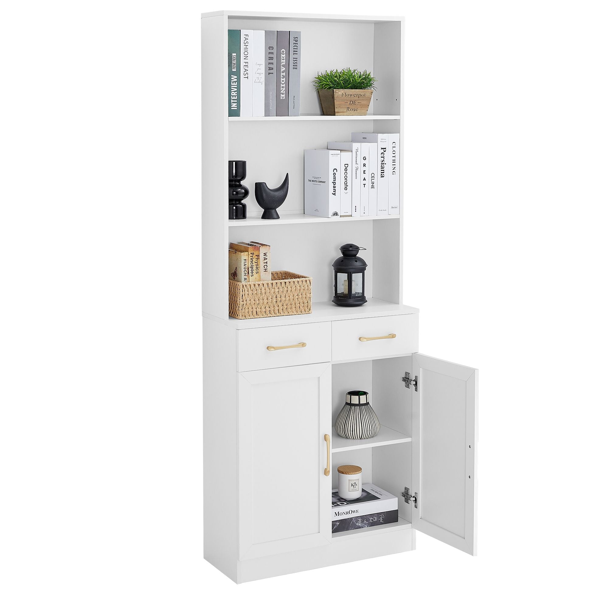 Bathroom Storage Cabinet, Cabinet with Two Doors and Drawers, Adjustable Shelf, Three-layer Open Shelf, MDF Board