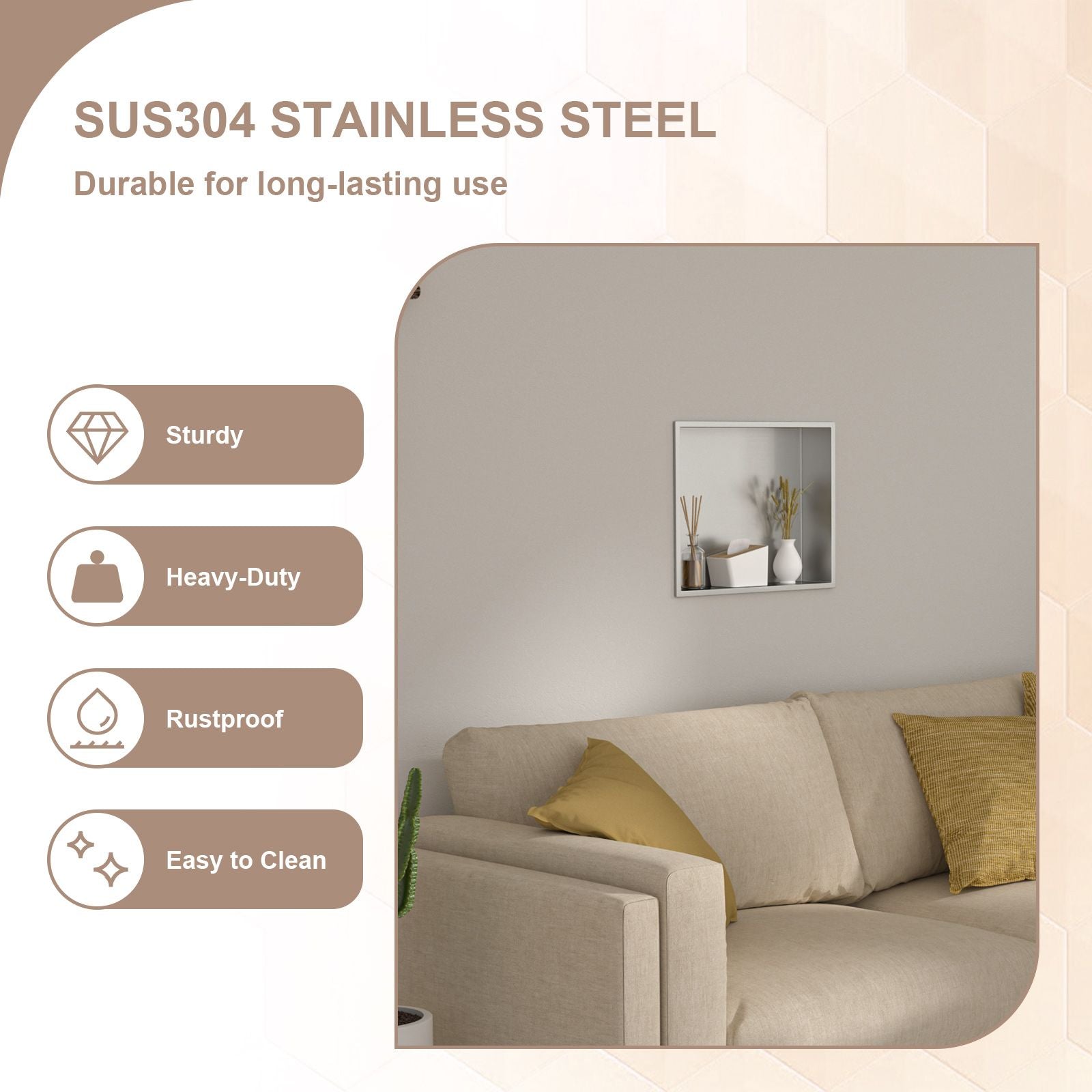 Brushed Stainless Steel Wall Shower  Niche , Double Recessed Shower Shelf for Bathroom