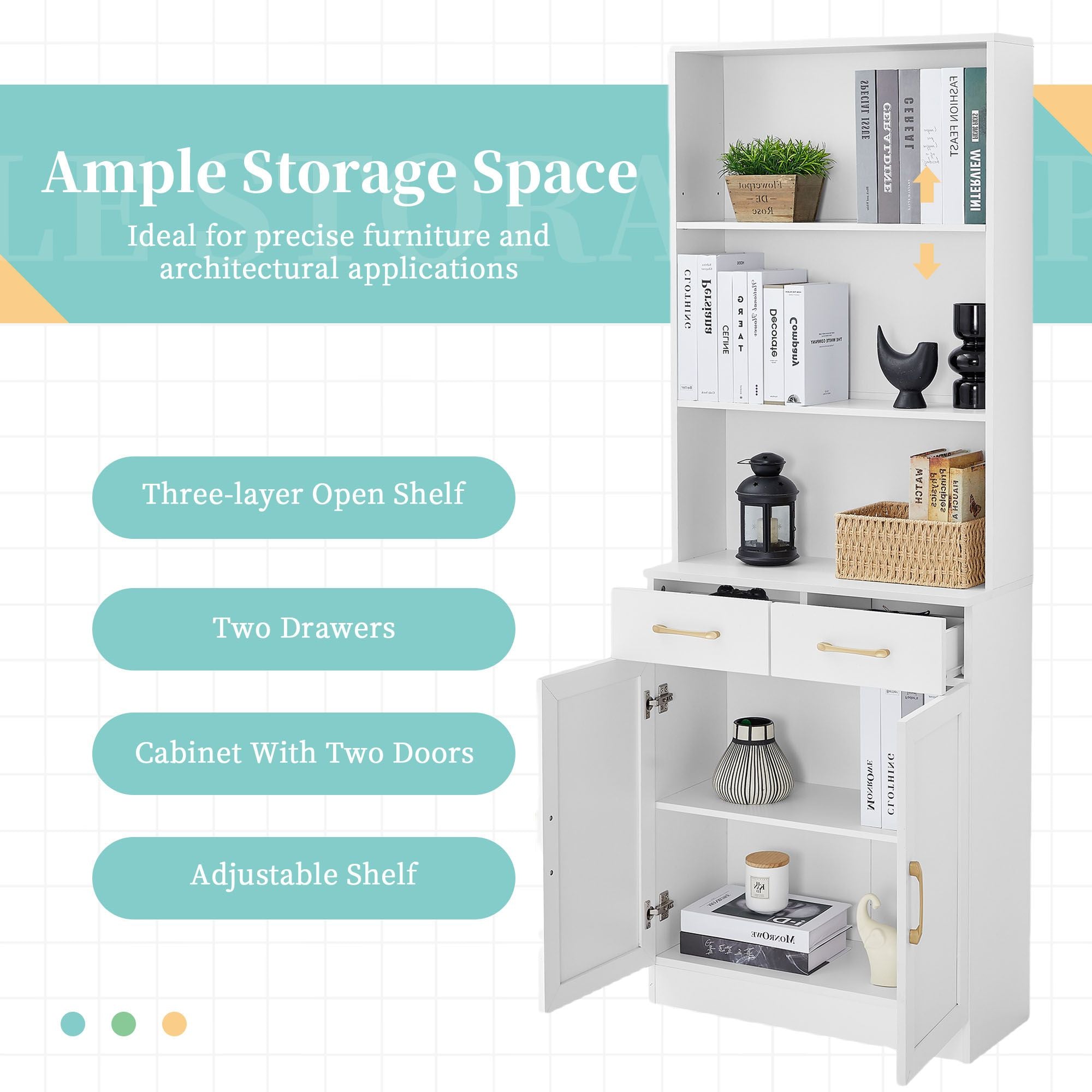 Bathroom Storage Cabinet, Cabinet with Two Doors and Drawers, Adjustable Shelf, Three-layer Open Shelf, MDF Board