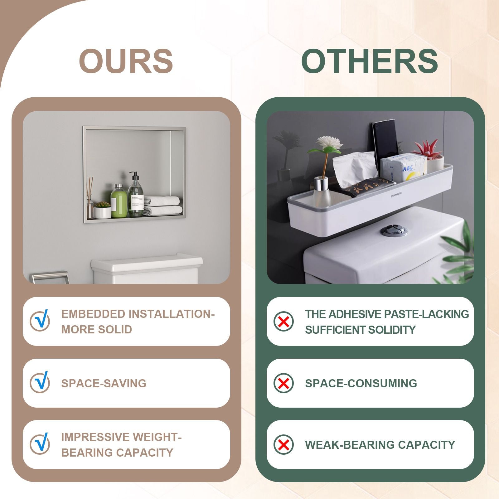 Brushed Stainless Steel Wall Shower  Niche , Double Recessed Shower Shelf for Bathroom