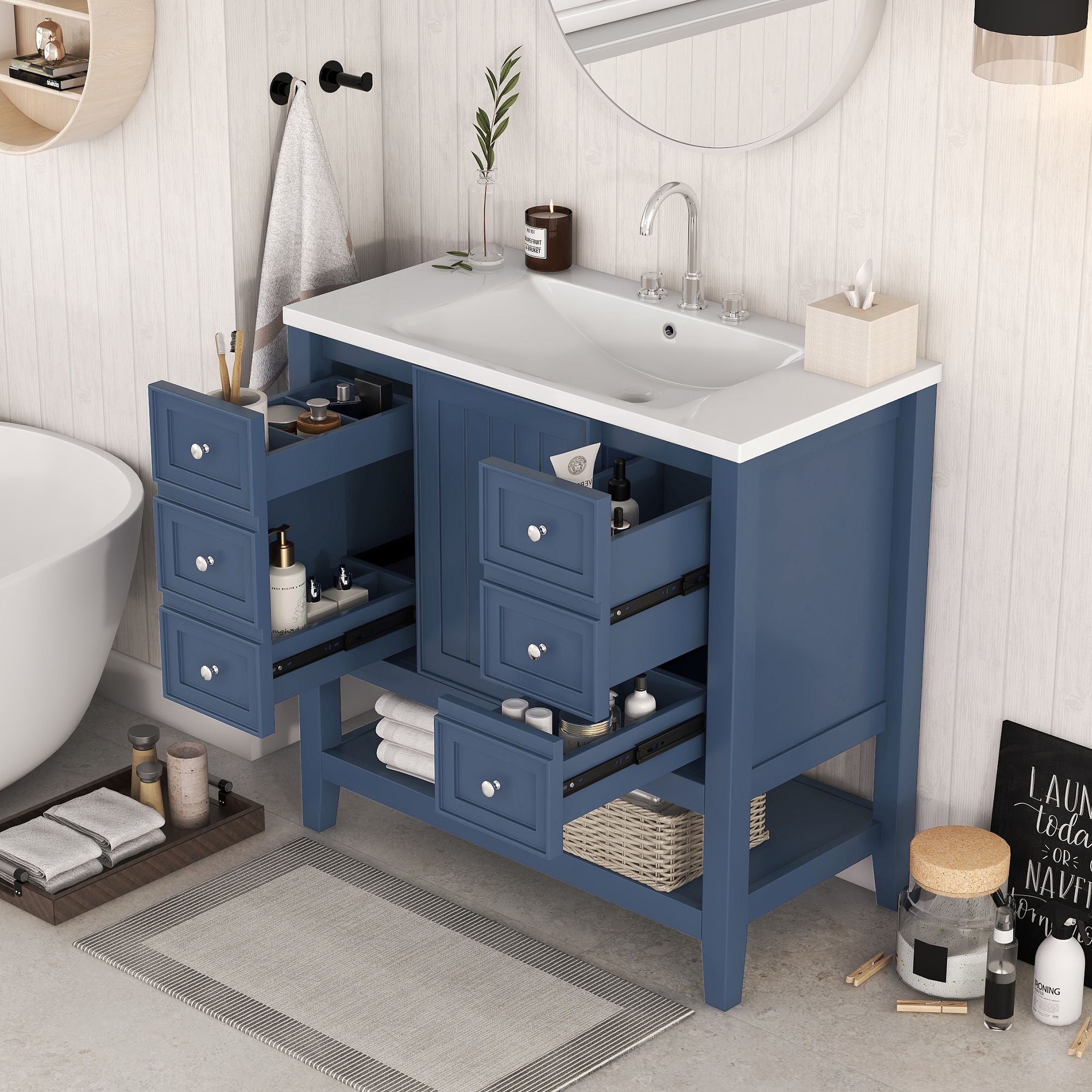 36\" Bathroom Vanity with Sink Combo, One Cabinet and Three Drawers, Solid Wood and MDF Board