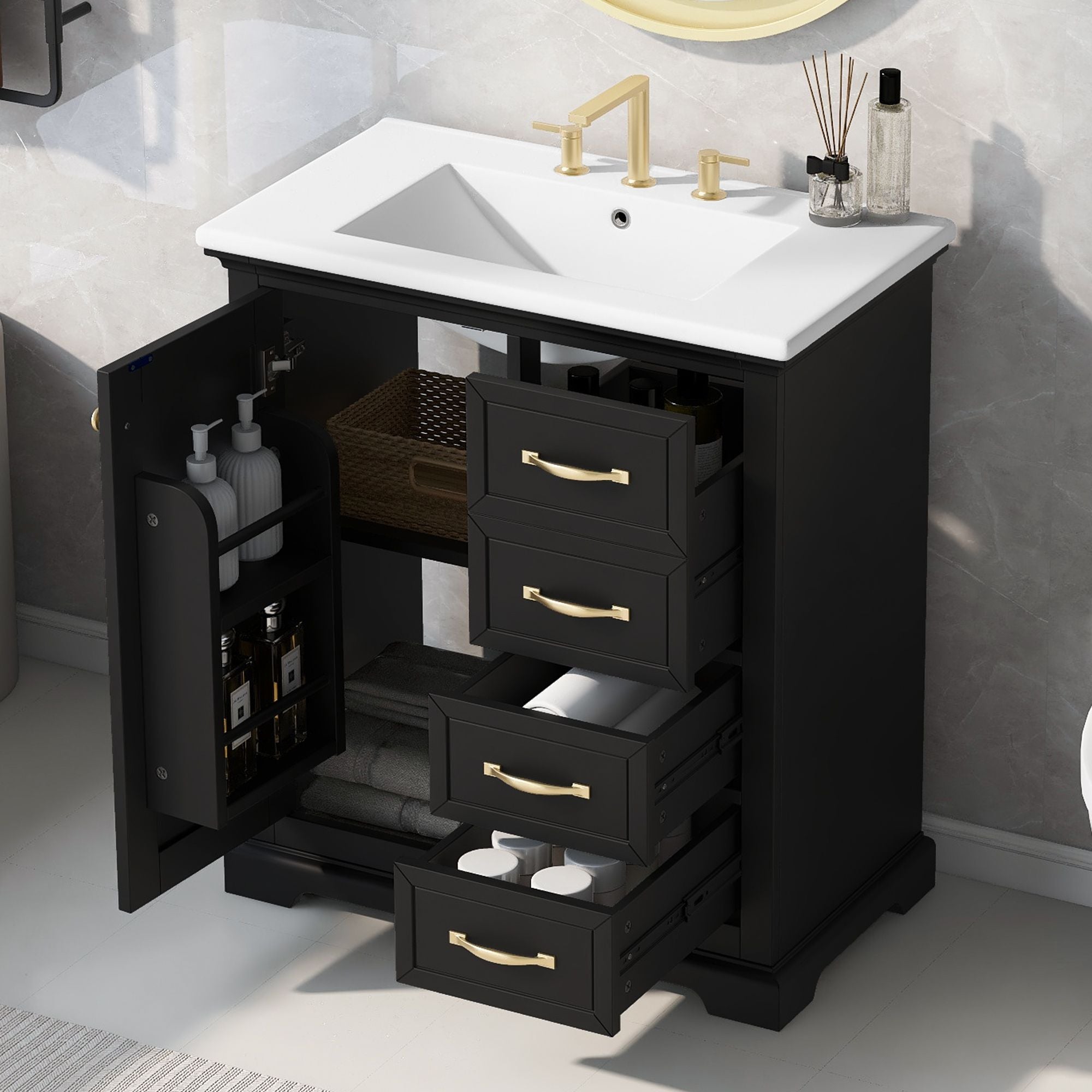 30" Bathroom Vanity with Sink, One Package, Bathroom Cabinet with Drawers, Solid Frame and MDF Board