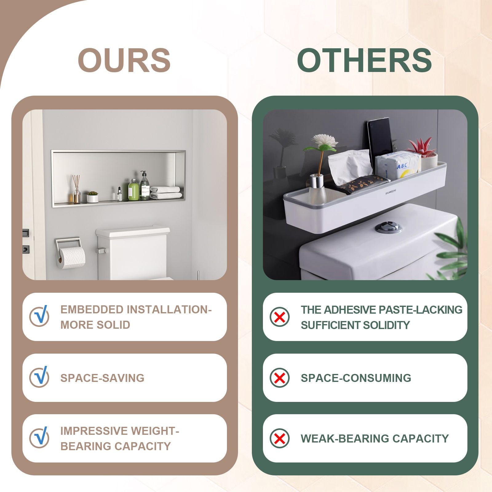 Brushed Stainless Steel Wall Shower  Niche , Double Recessed Shower Shelf for Bathroom