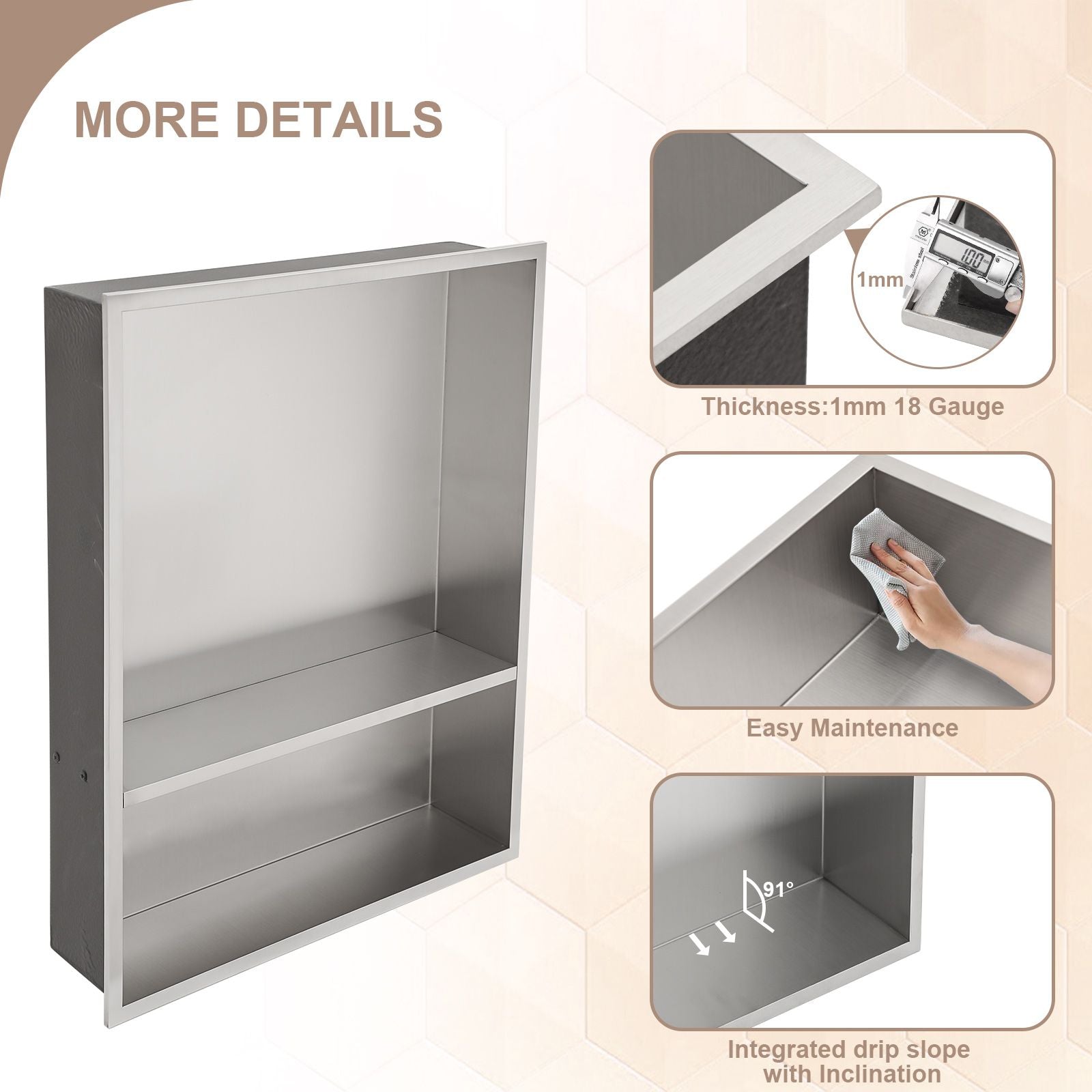 Brushed Stainless Steel Wall Shower  Niche , Double Recessed Shower Shelf for Bathroom
