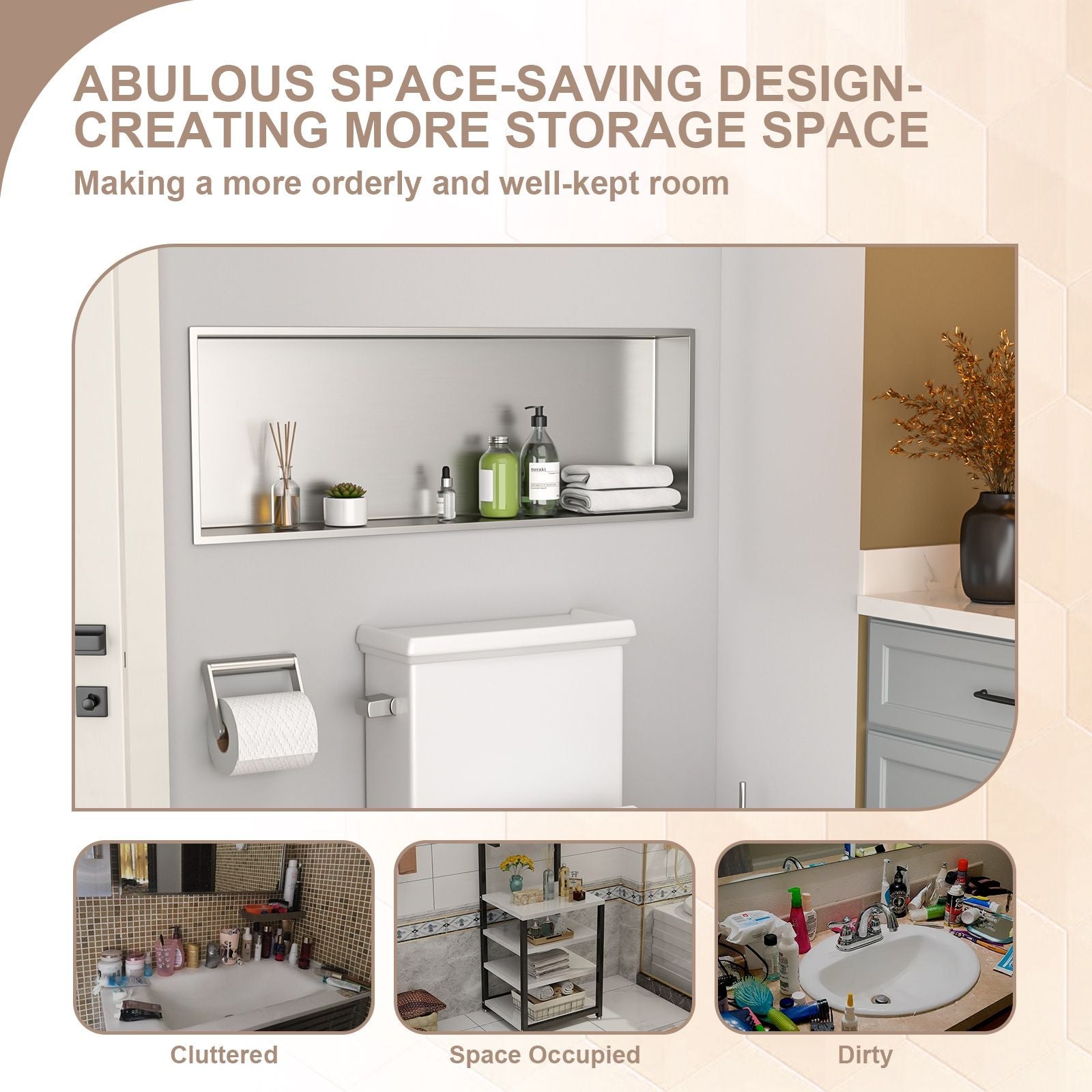 Brushed Stainless Steel Wall Shower  Niche , Double Recessed Shower Shelf for Bathroom