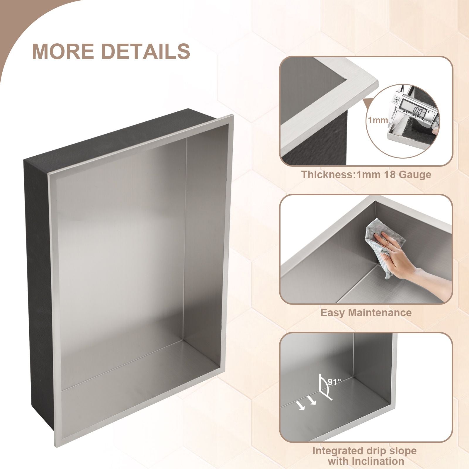 Brushed Stainless Steel Wall Shower  Niche , Double Recessed Shower Shelf for Bathroom