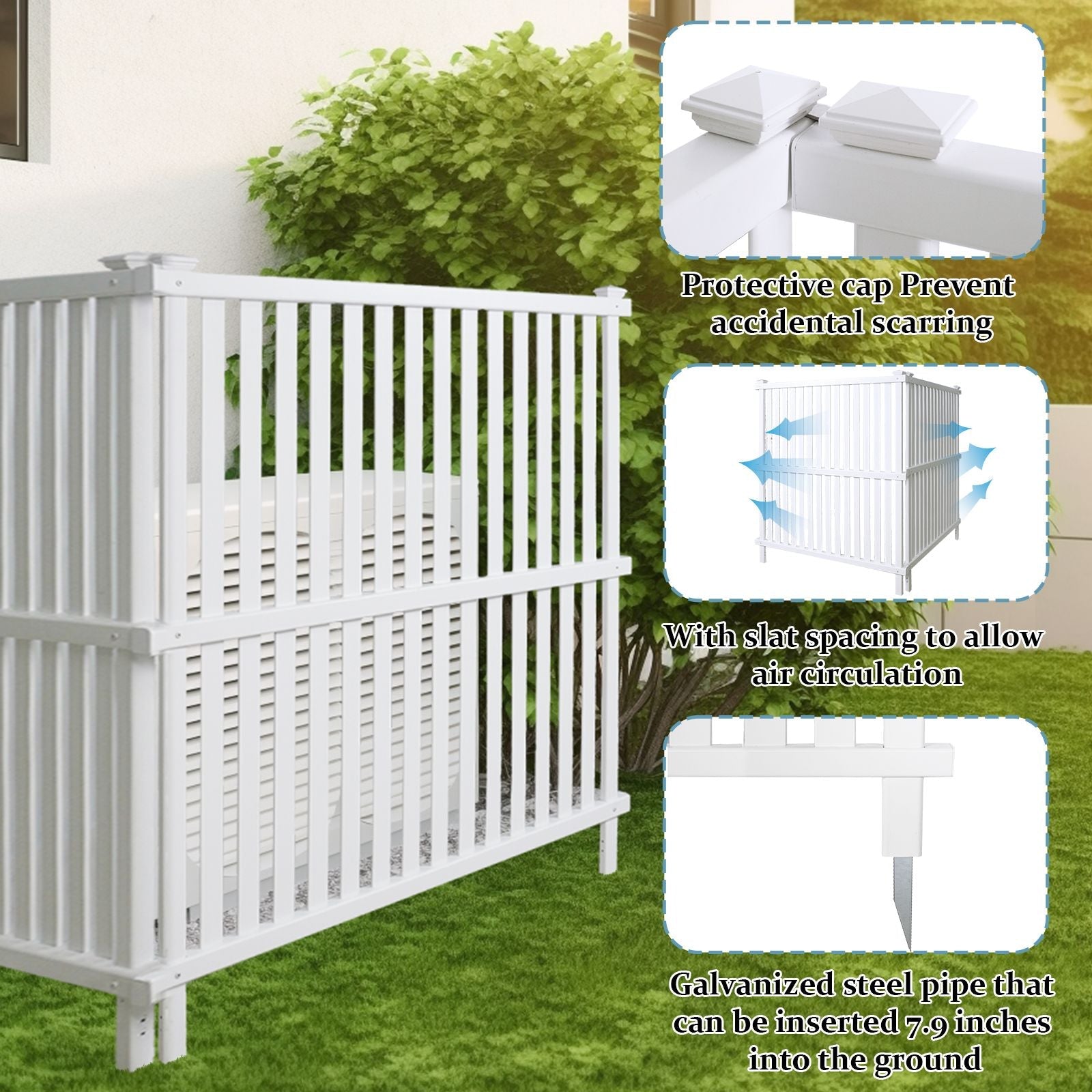 Air Conditioner Fence, Trash Can Vinyl Privacy Fence White Panel for Outside, Outdoor Pool Equipment Enclosure with Metal Stakes, (2-Pack)