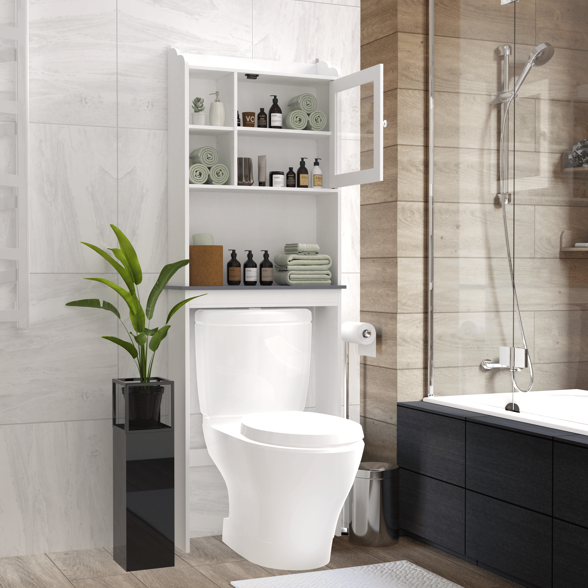 Modern Over The Toilet Space Saver Organization Wood Storage Cabinet for Home, Bathroom