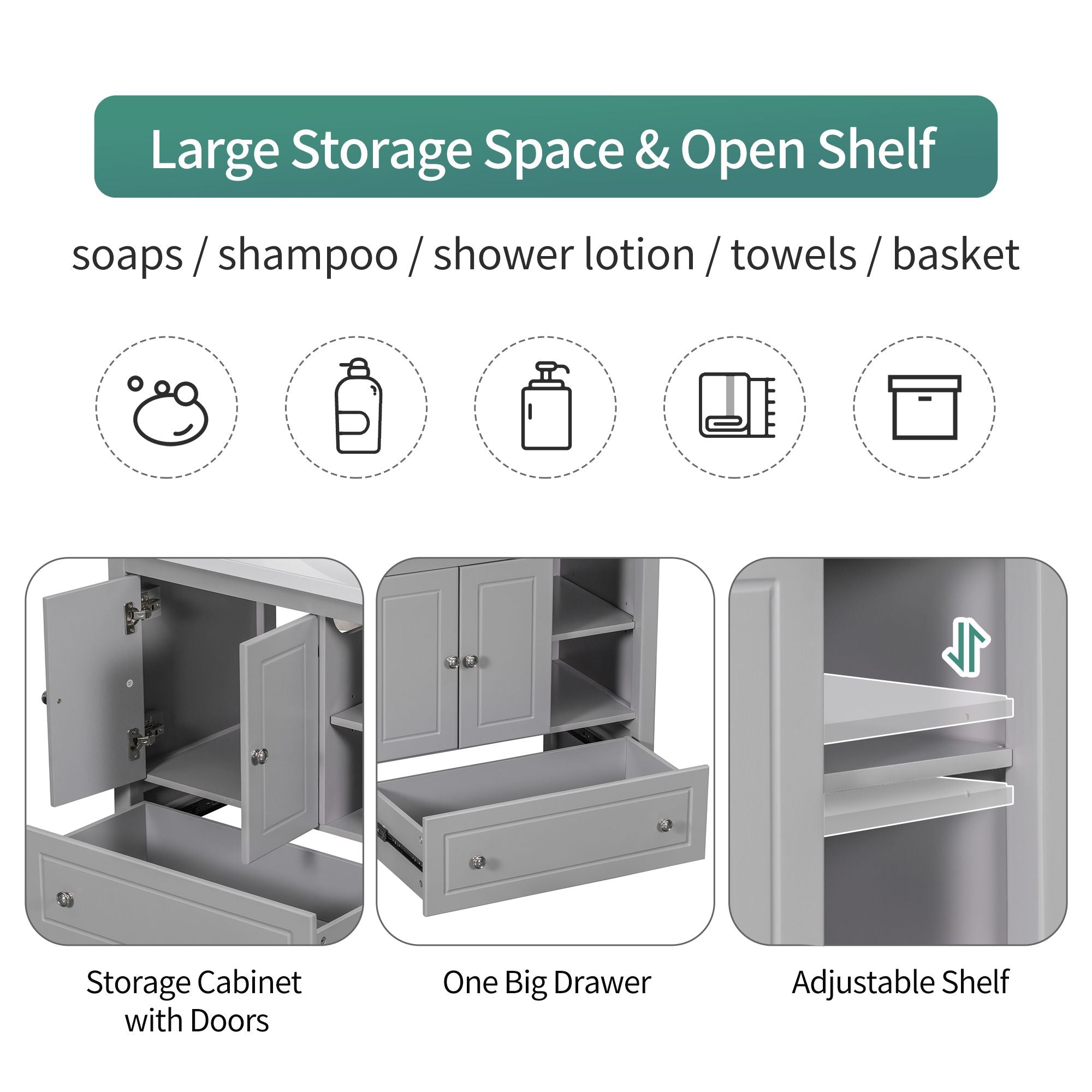 30" Bathroom Vanity with Sink, Bathroom Storage Cabinet with Doors and Drawers, Solid Wood Frame, Ceramic Sink