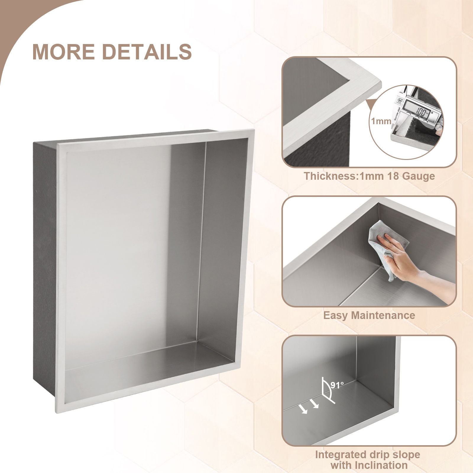 Brushed Stainless Steel Wall Shower  Niche , Double Recessed Shower Shelf for Bathroom