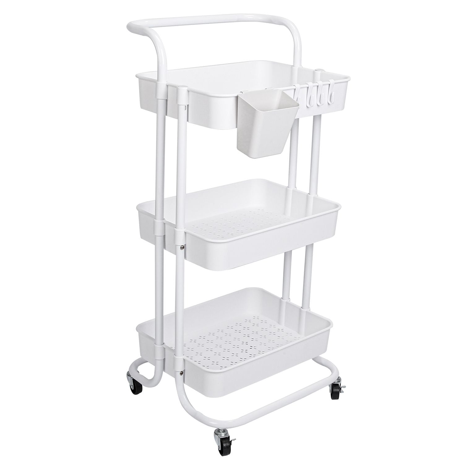 3 Tier Rolling Utility Cart Movable Storage Organizer with Mesh Baskets Lockable Wheels 360 Degree Rotatable Hanging Box Hooks Bedroom Bathroom Kitchen