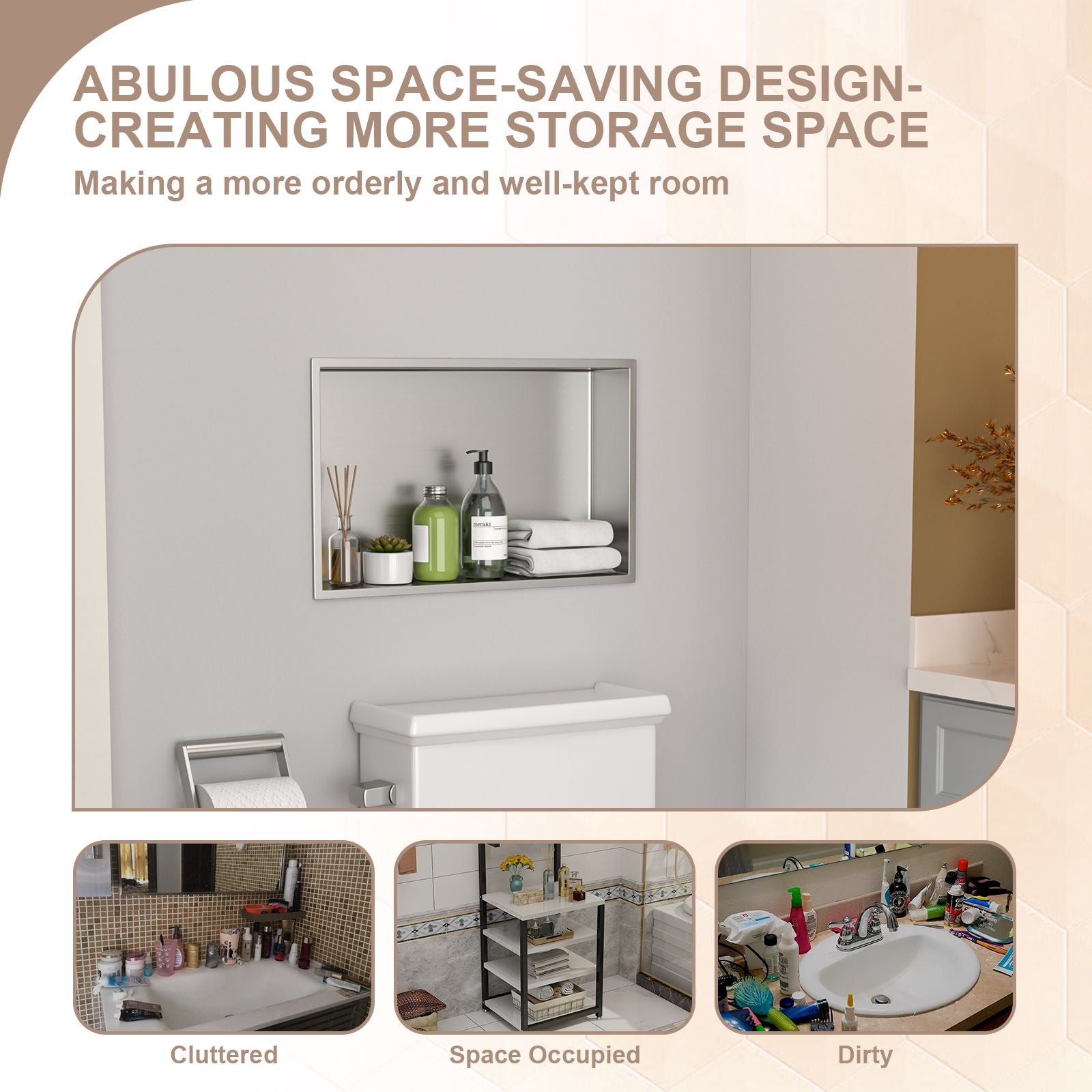 Brushed Stainless Steel Wall Shower  Niche , Double Recessed Shower Shelf for Bathroom